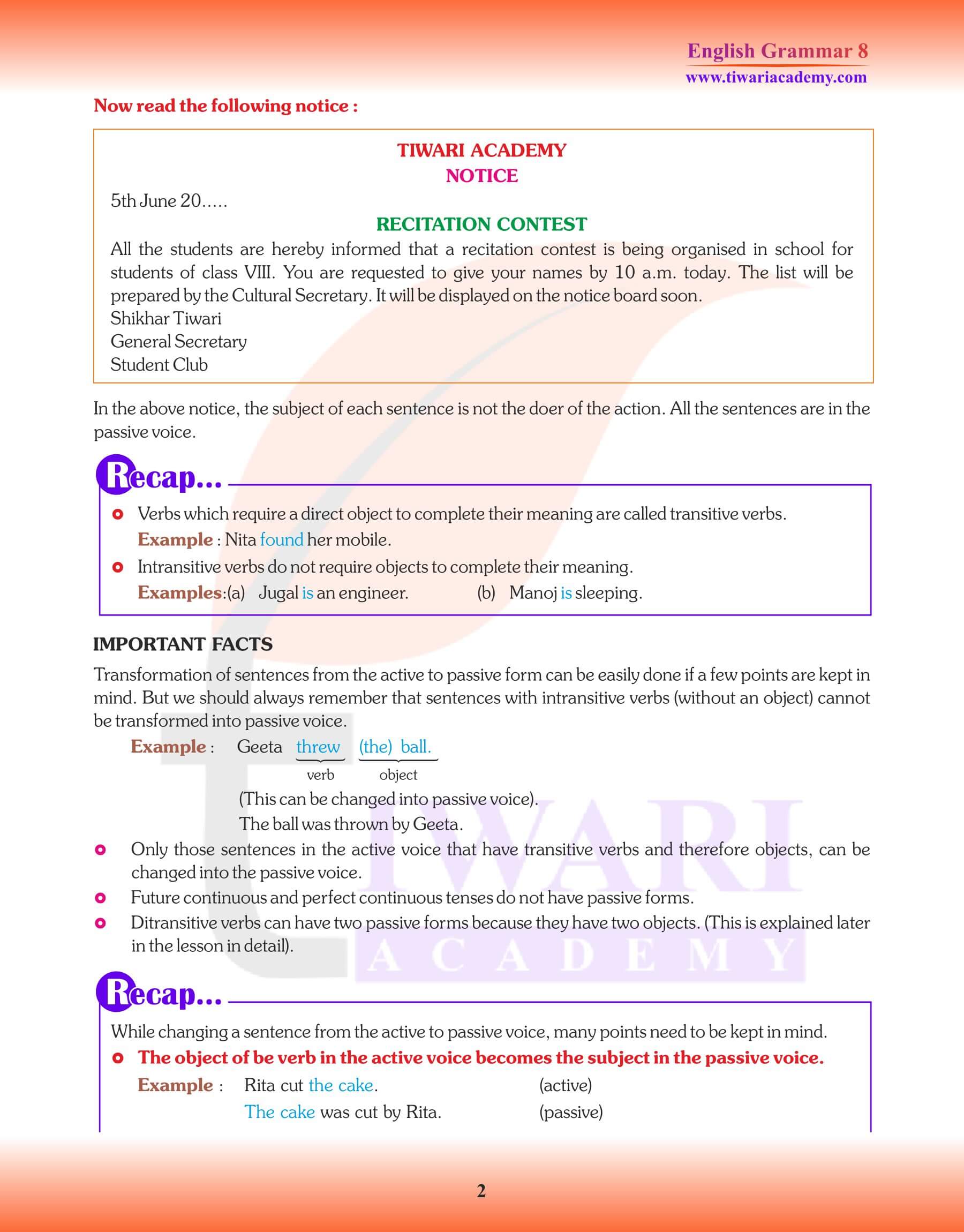 Class 8 English Grammar Active Passive Voice Notes