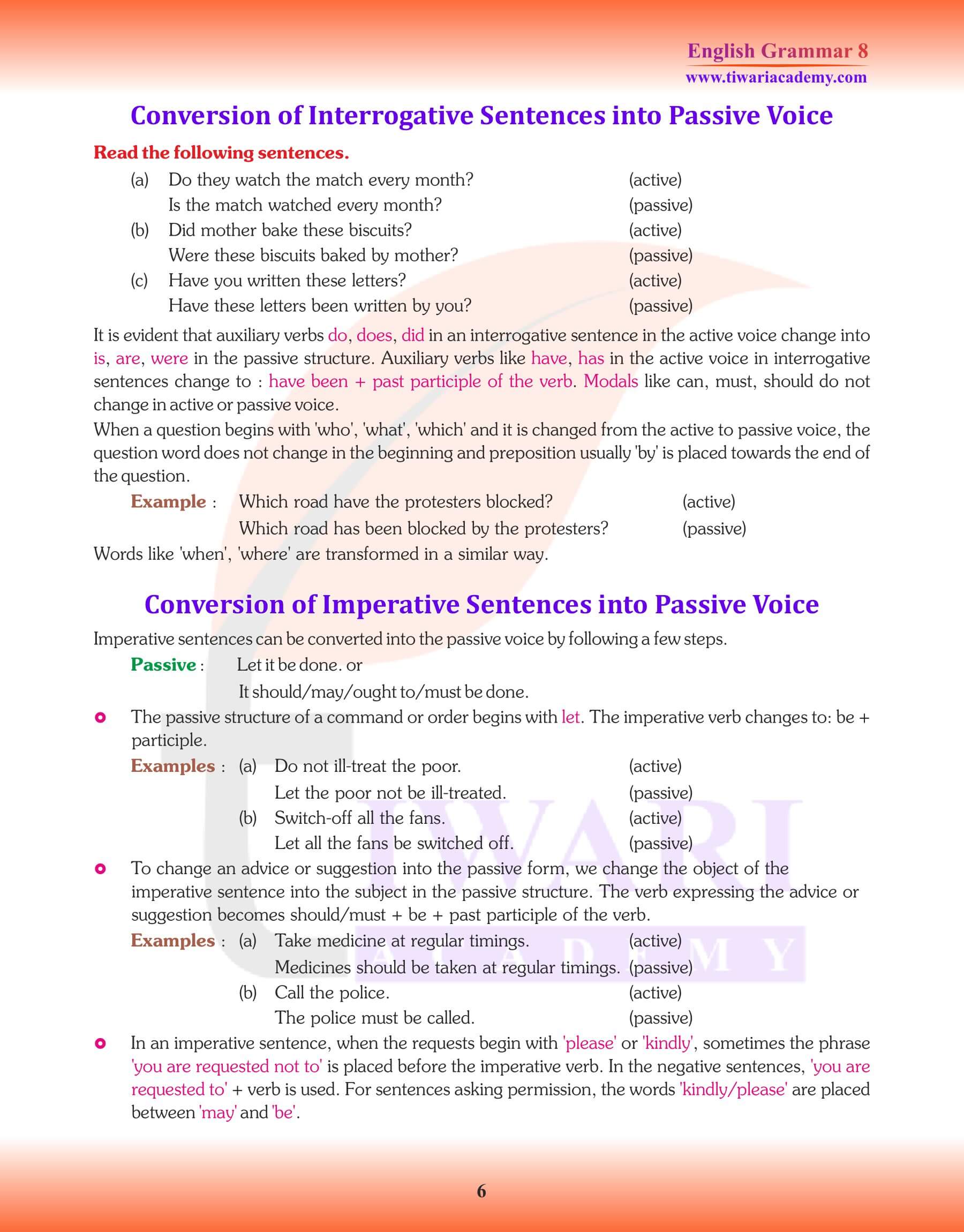 Class 8 Grammar Active Passive Voice revision questions