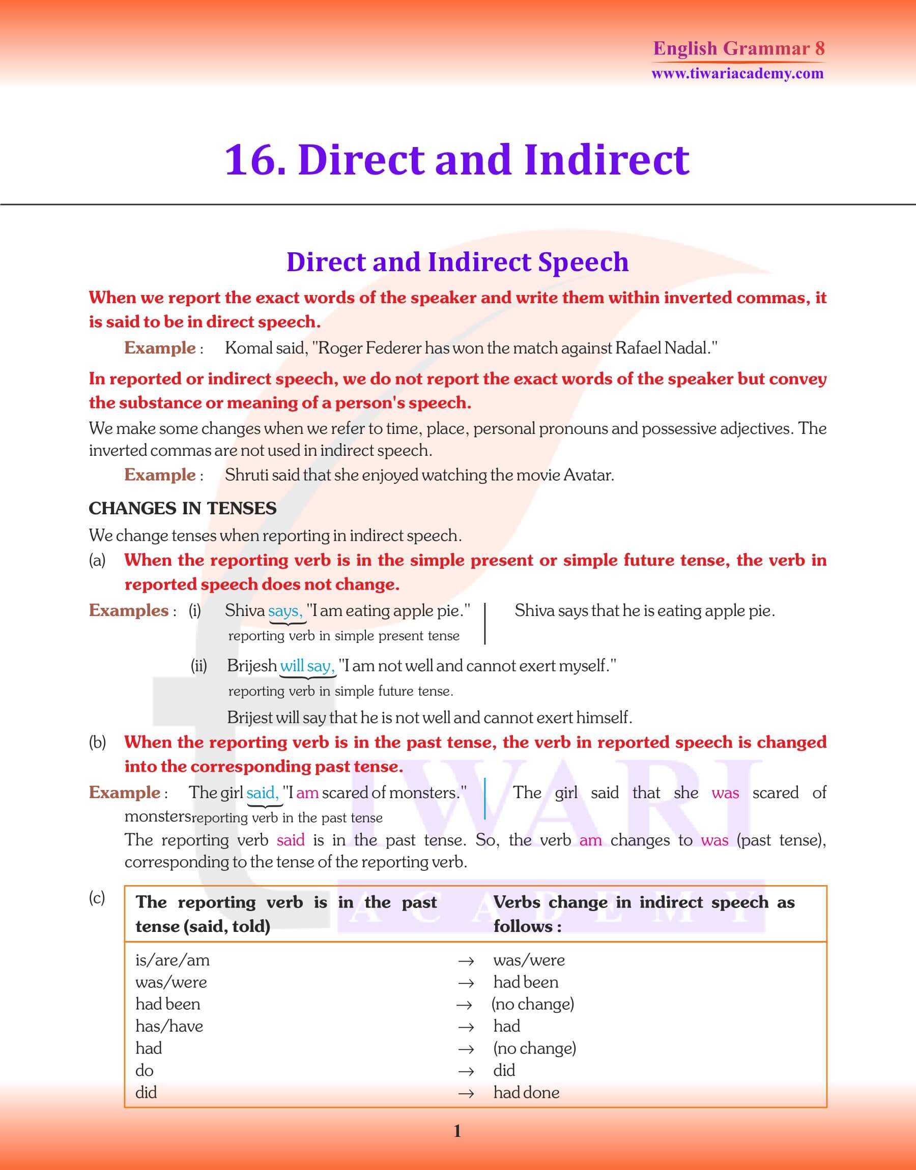 Class 8 English Grammar Chapter 16 Direct and Indirect Speech Revision Book