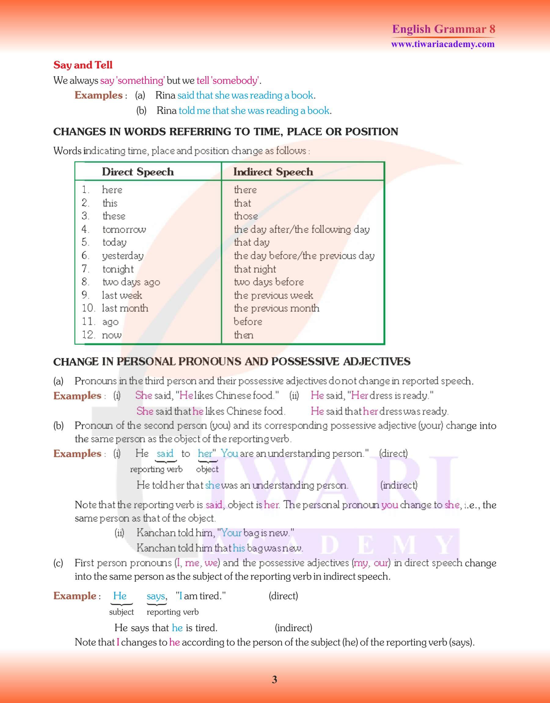 Class 8 Grammar Direct and Indirect Speech Revision test