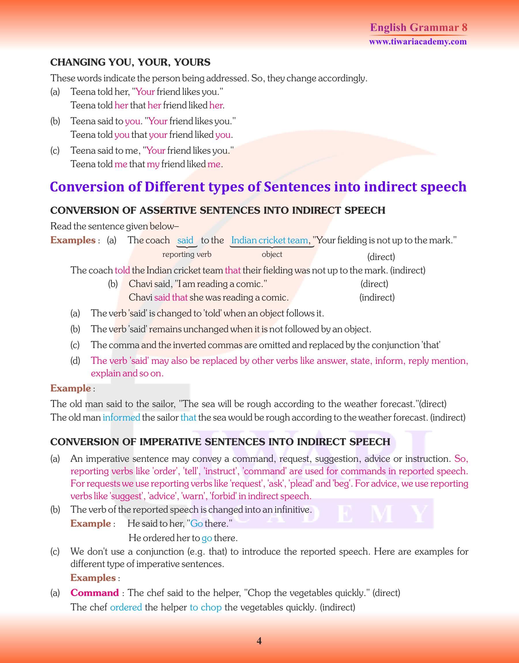 Class 8 Grammar Direct and Indirect Speech exercises