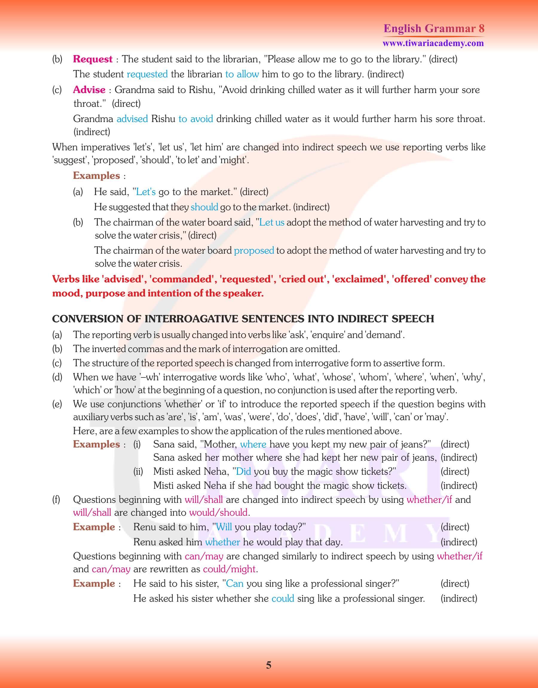 Class 8 Grammar Direct and Indirect Speech Notes