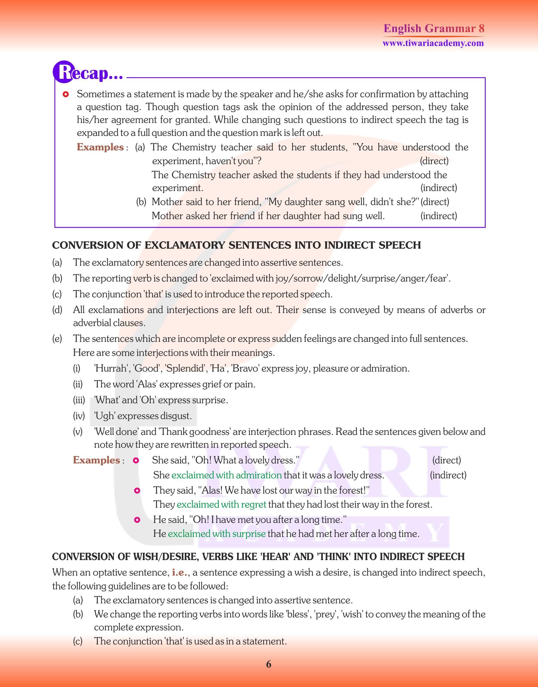 Class 8 Grammar Direct and Indirect Speech summary