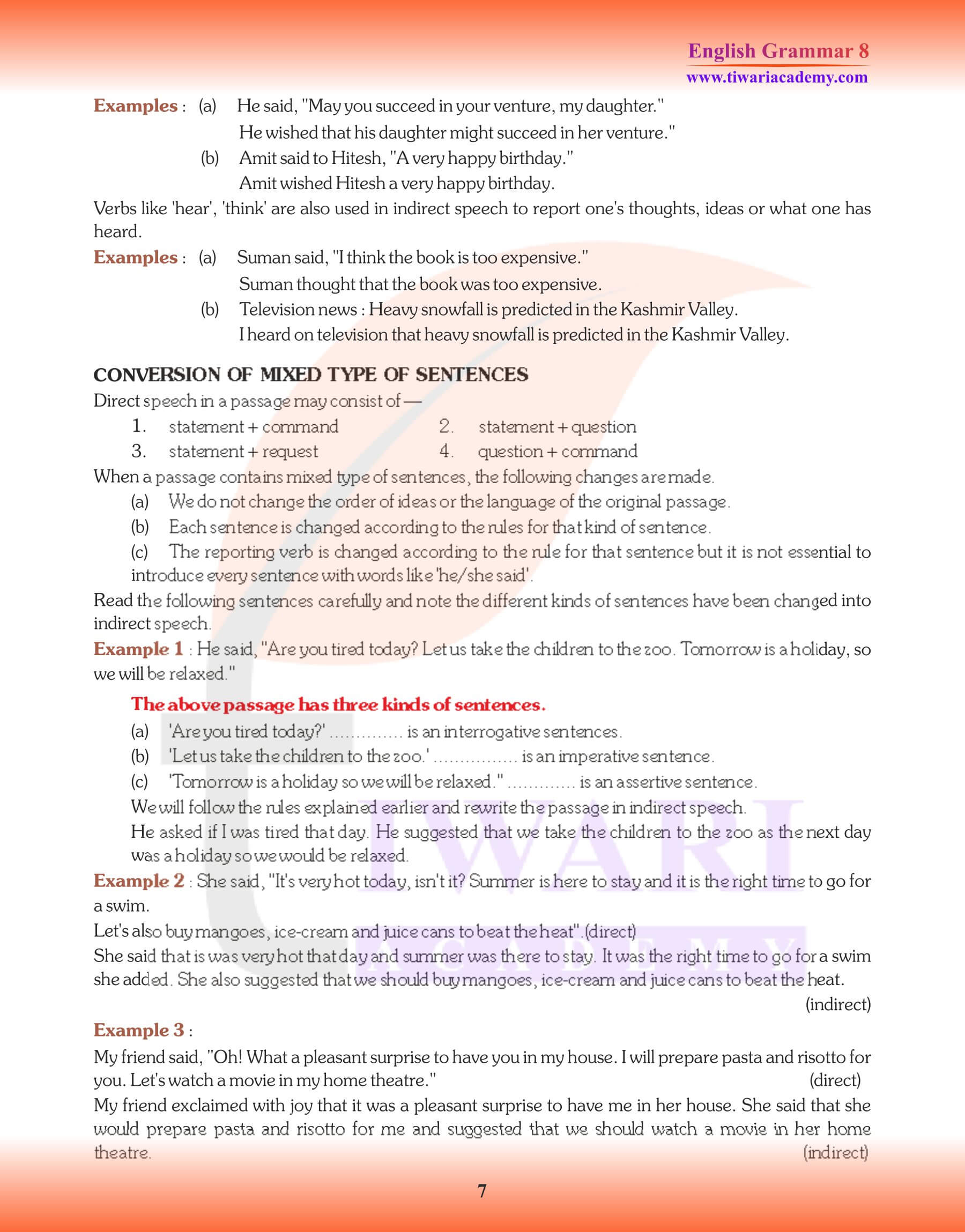 Class 8 Grammar Direct and Indirect Speech Exercises