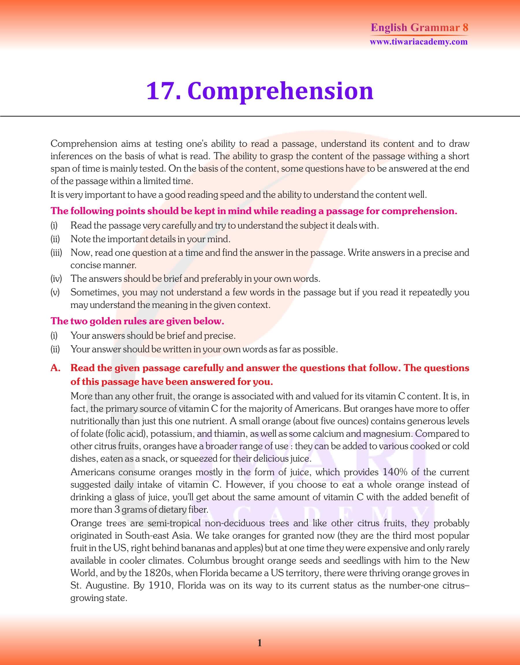 Class 8 English Grammar Comprehension Revision book