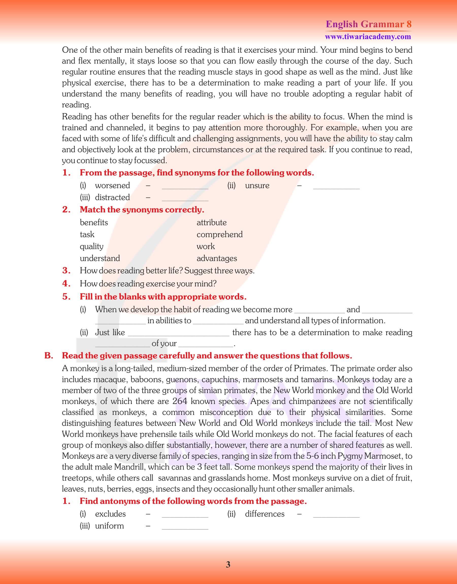 Class 8 English Grammar Comprehension Assignments