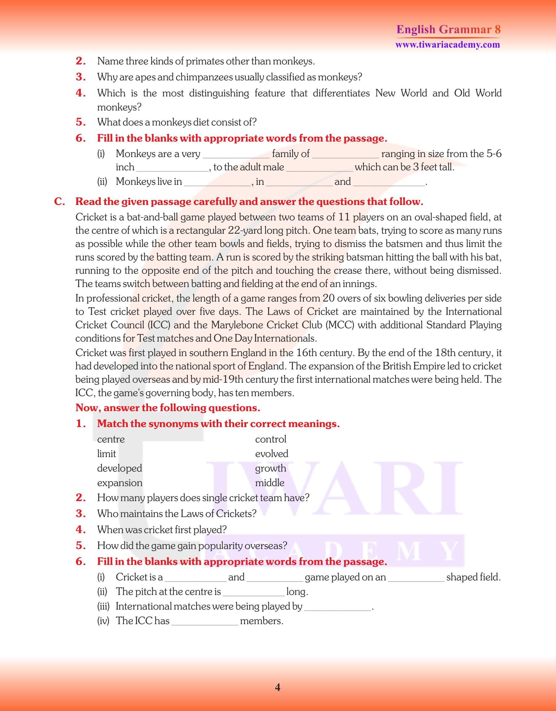 Class 8 English Grammar Comprehension Worksheets