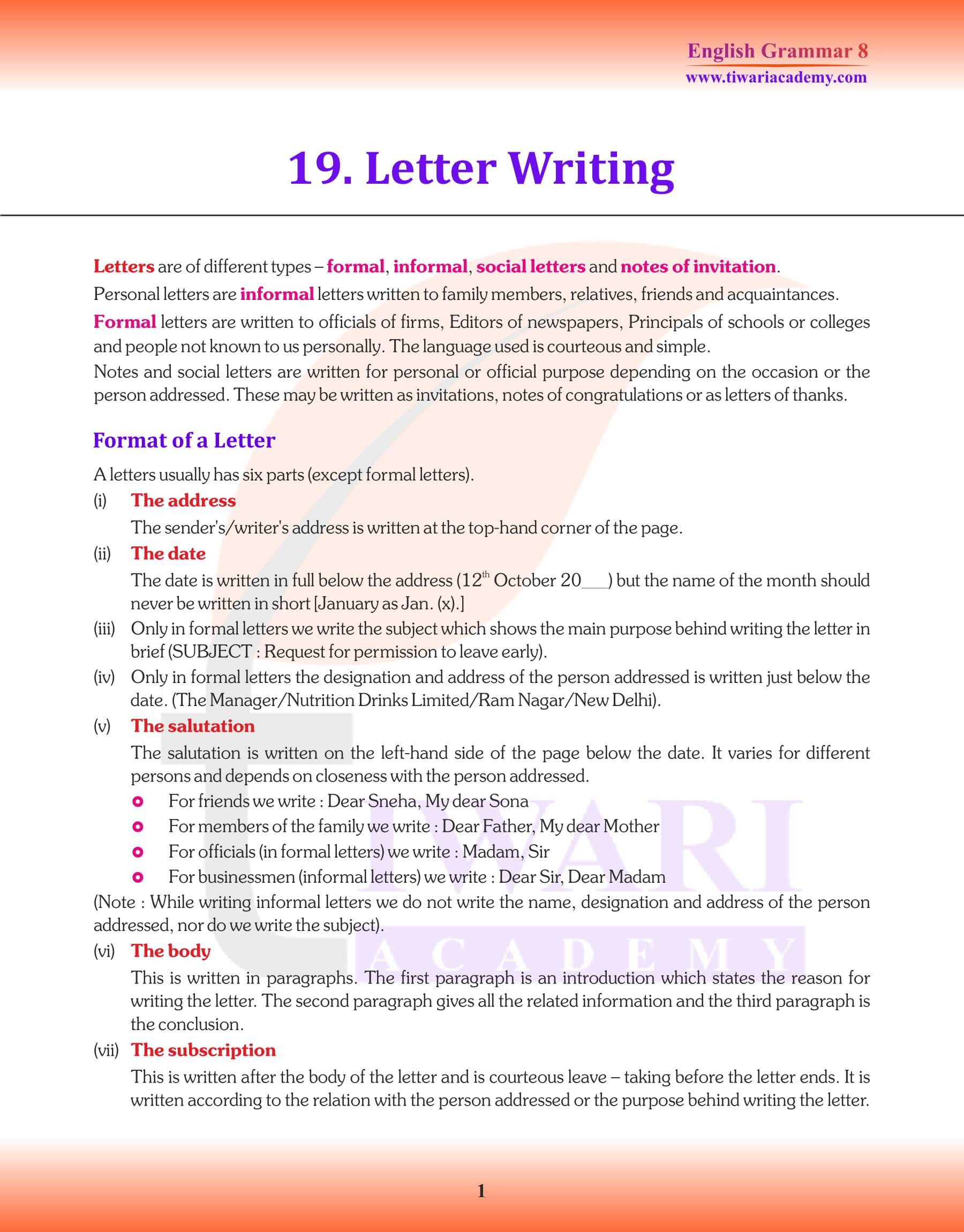 Class 8 Grammar Letter Writing Revision book