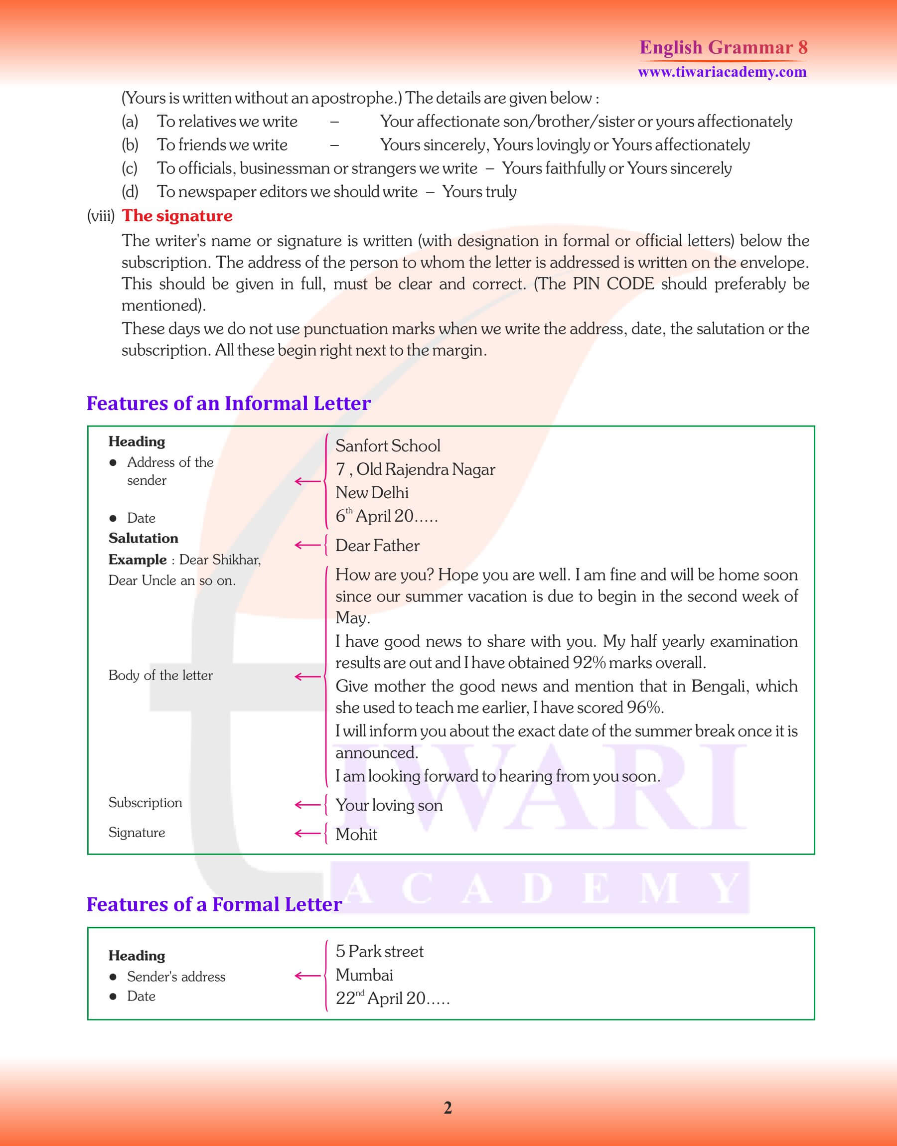 Class 8 Grammar Rules Letter Writing