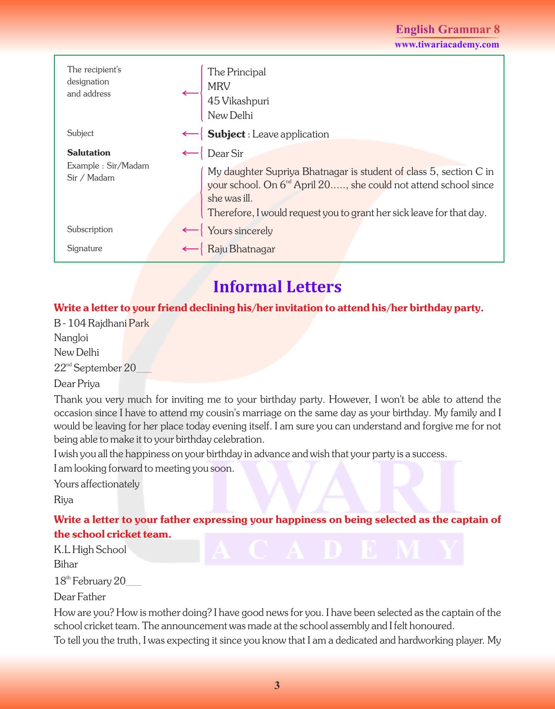 Class 8 Grammar Letter Writing Sample Questions