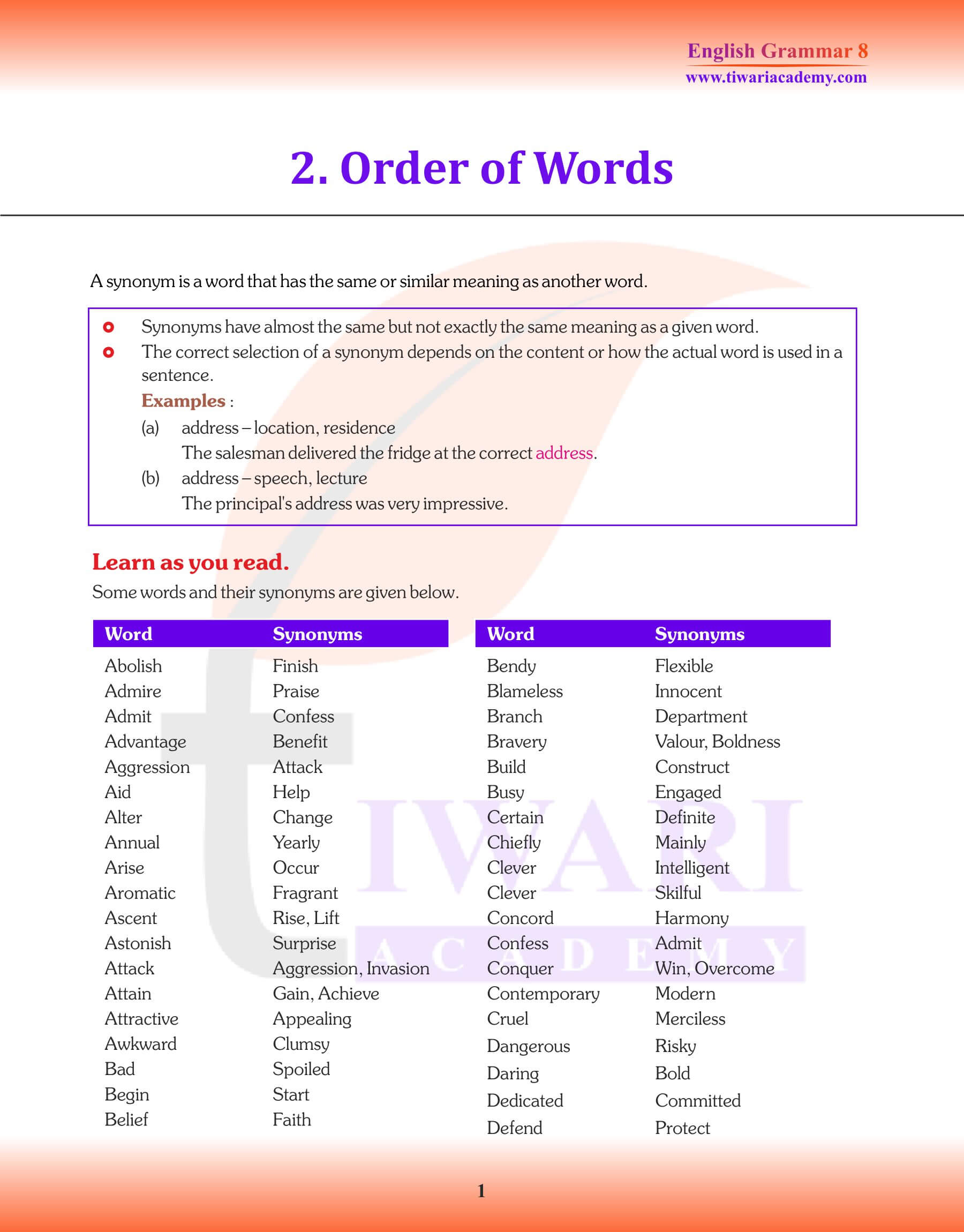 Class 8 Grammar Order of Words Revision Book