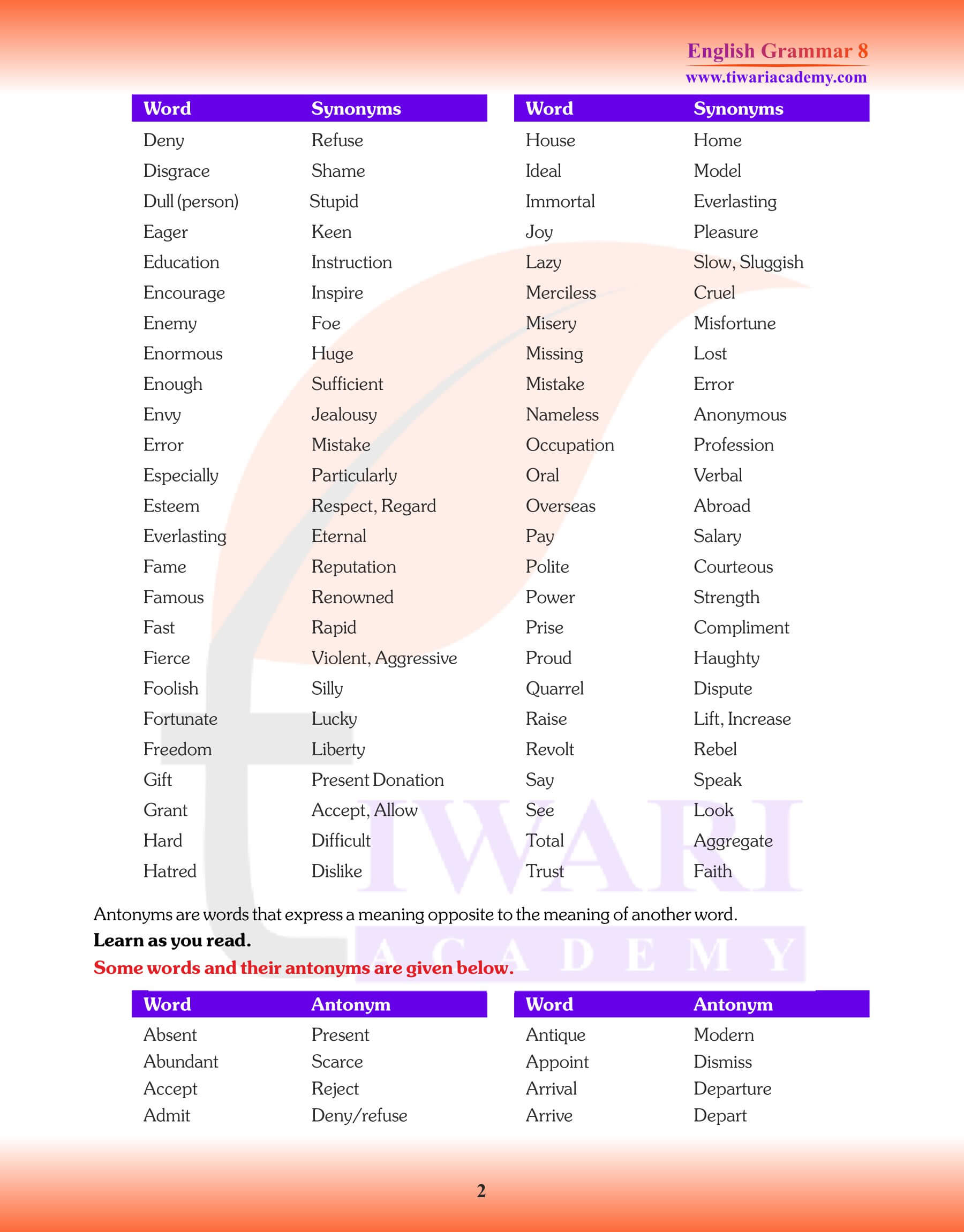 Class 8 Grammar Order of Words study material