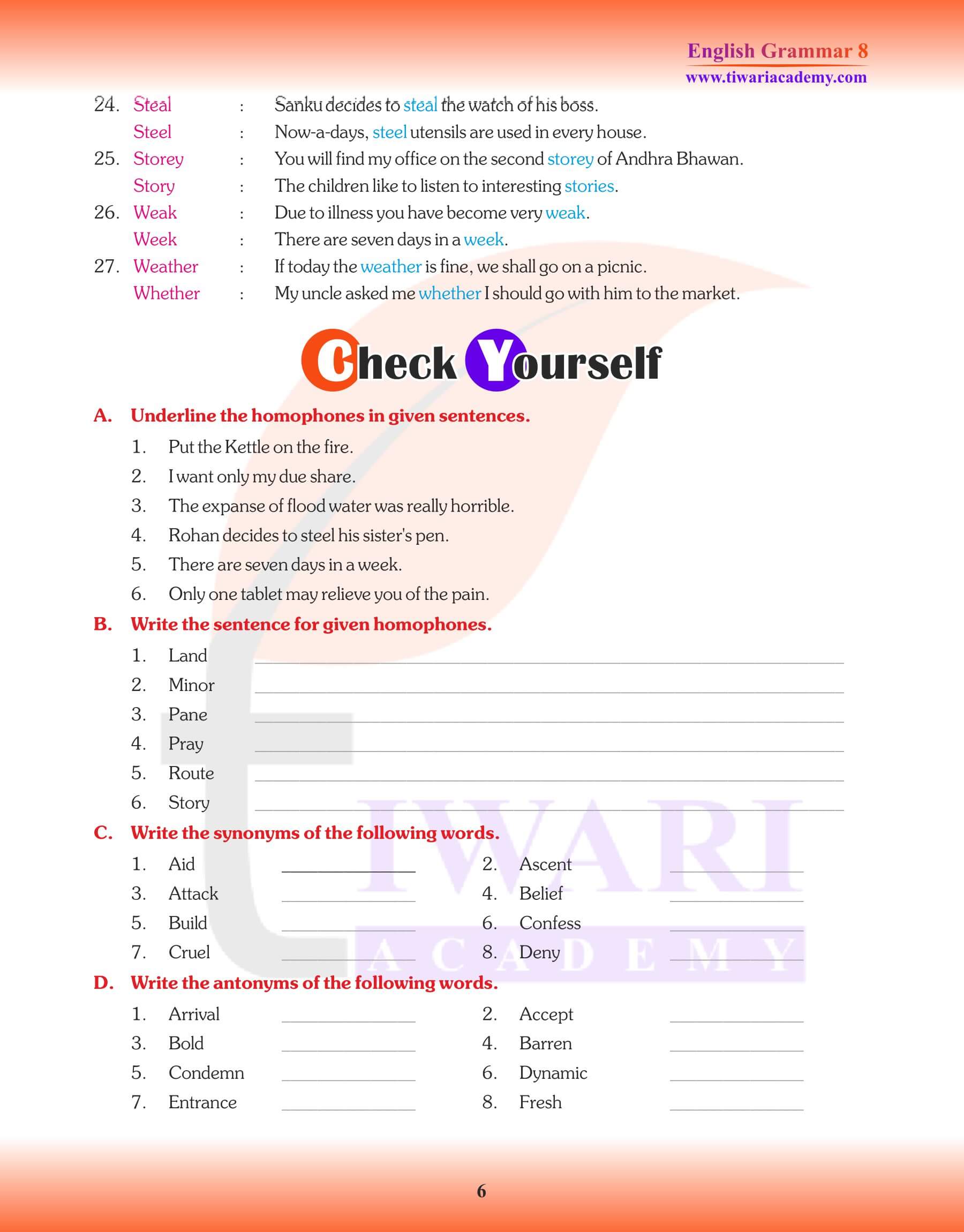 Class 8 Grammar Order of Words Exercises