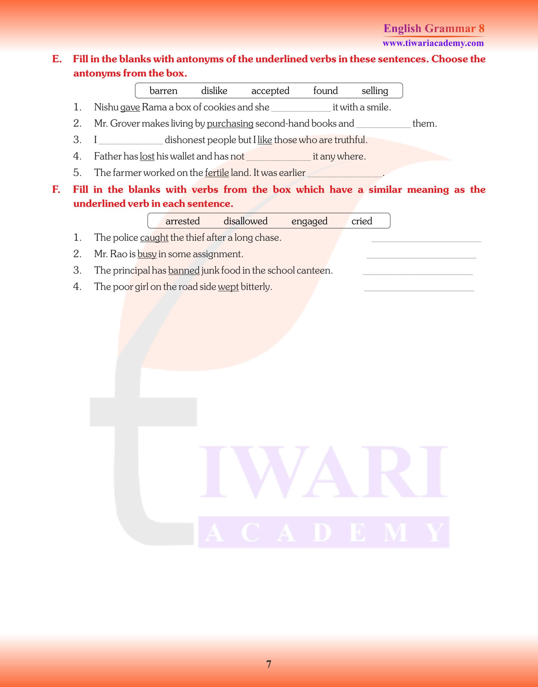 Class 8 Grammar Order of Words worksheets