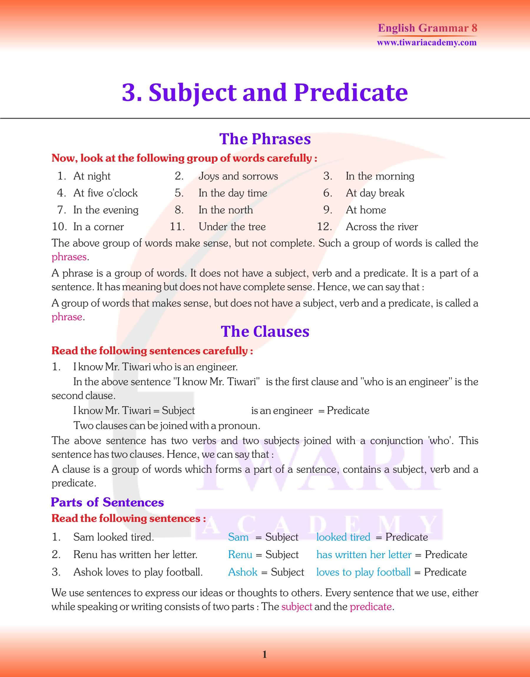 Class 8 English Grammar Subject and Predicate