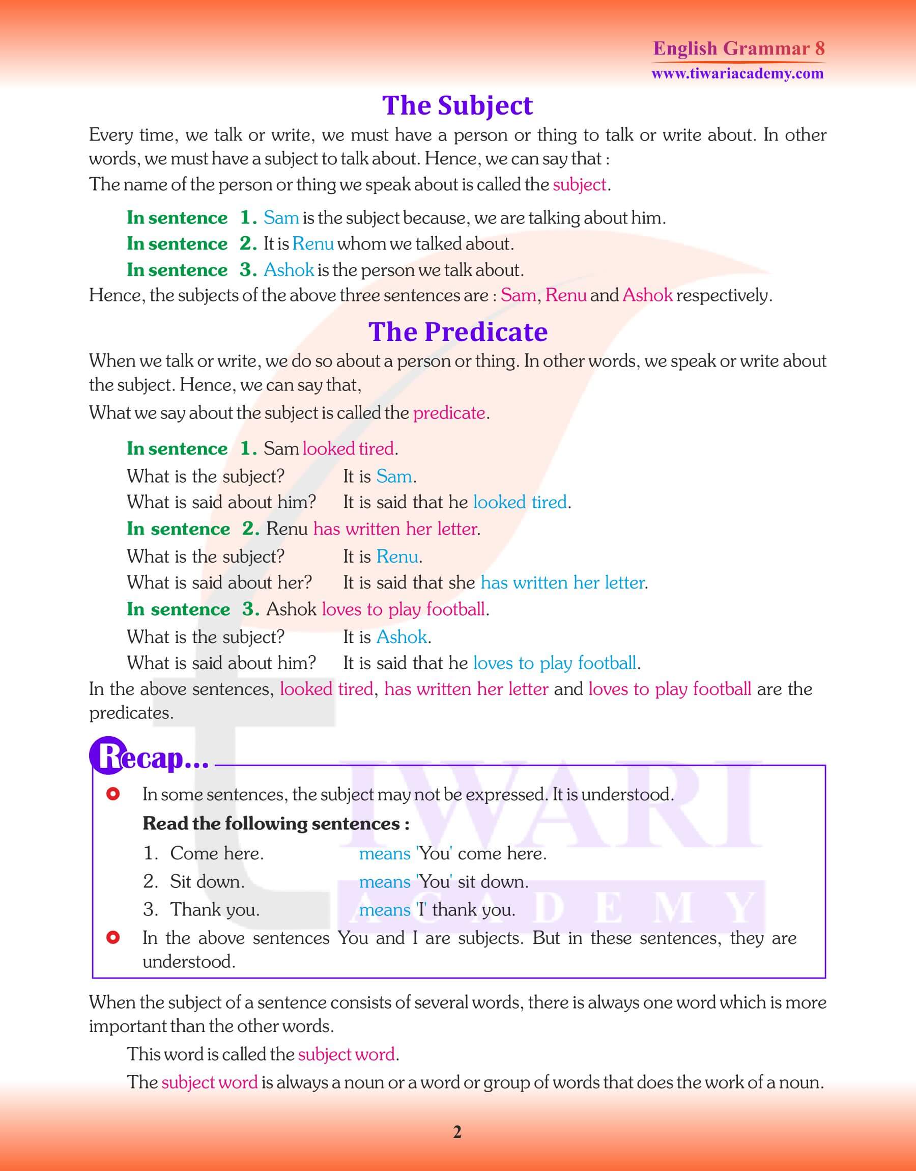 Class 8 English Grammar Subject Predicate