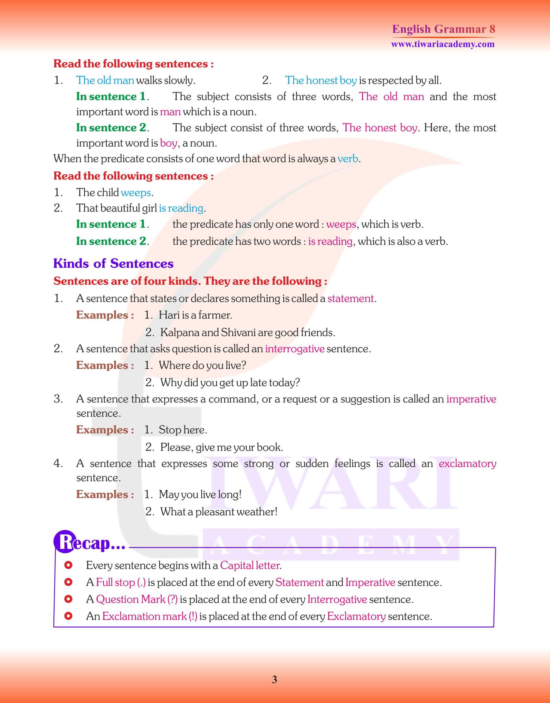 Class 8 English Grammar Subject and Predicate Revision book