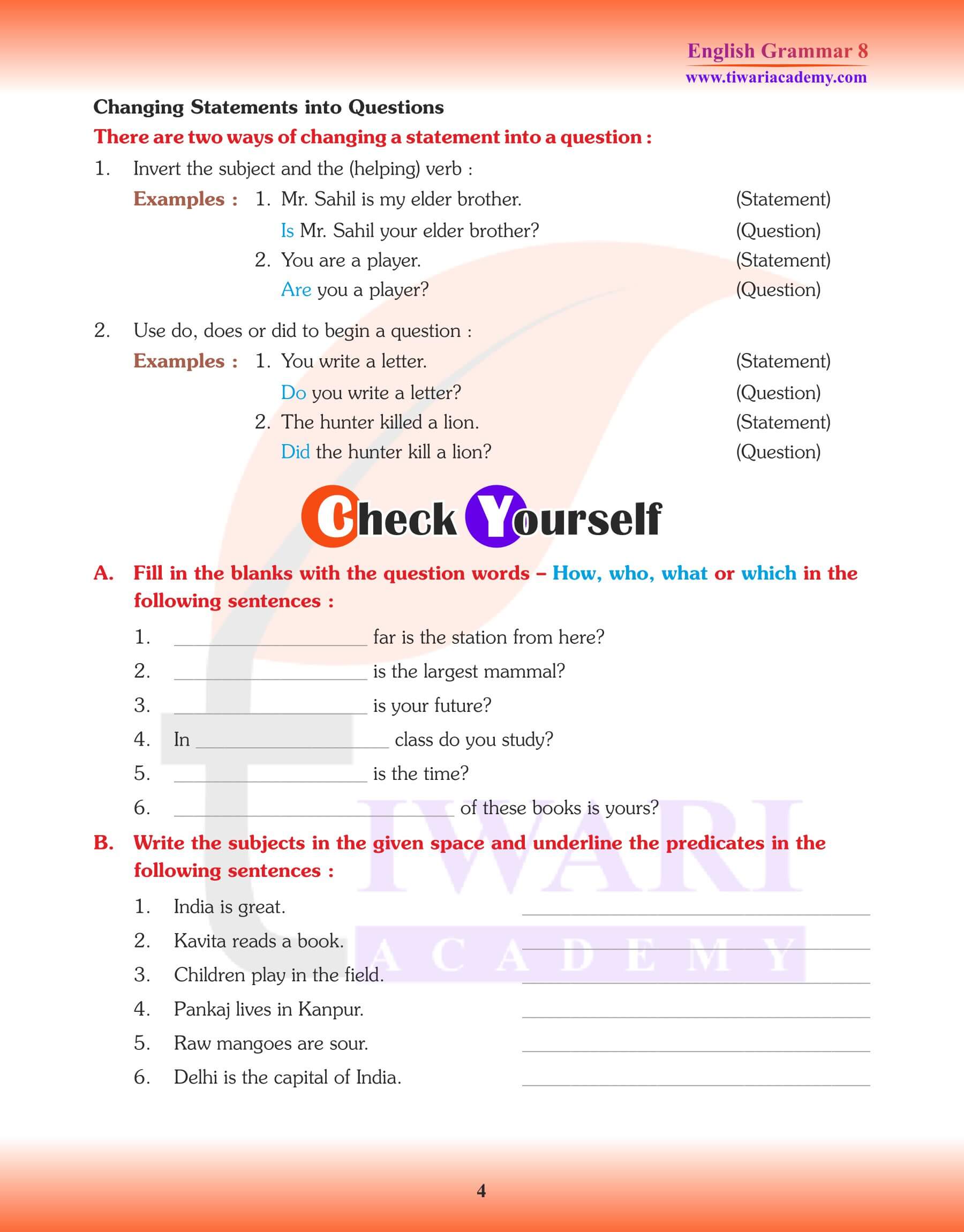 Class 8 English Grammar Subject and Predicate notes