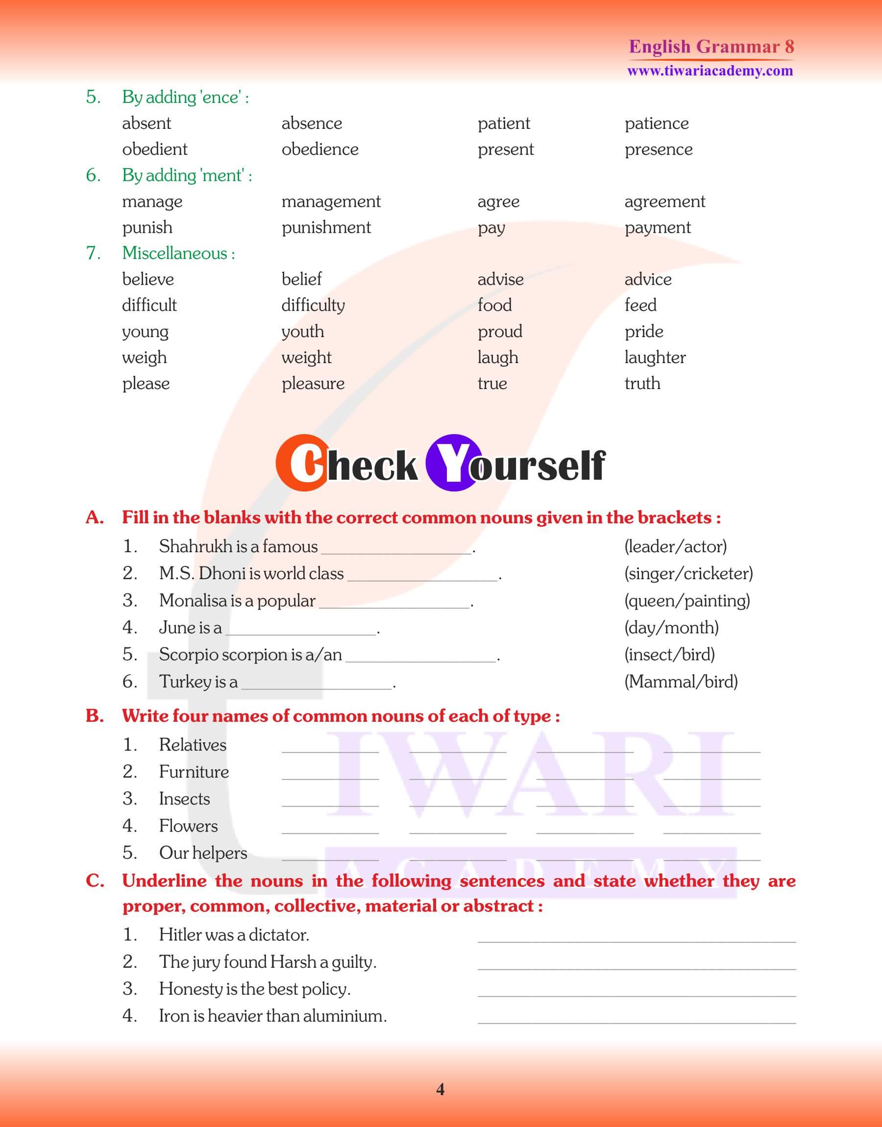 Class 8 English Grammar The Noun Question answers