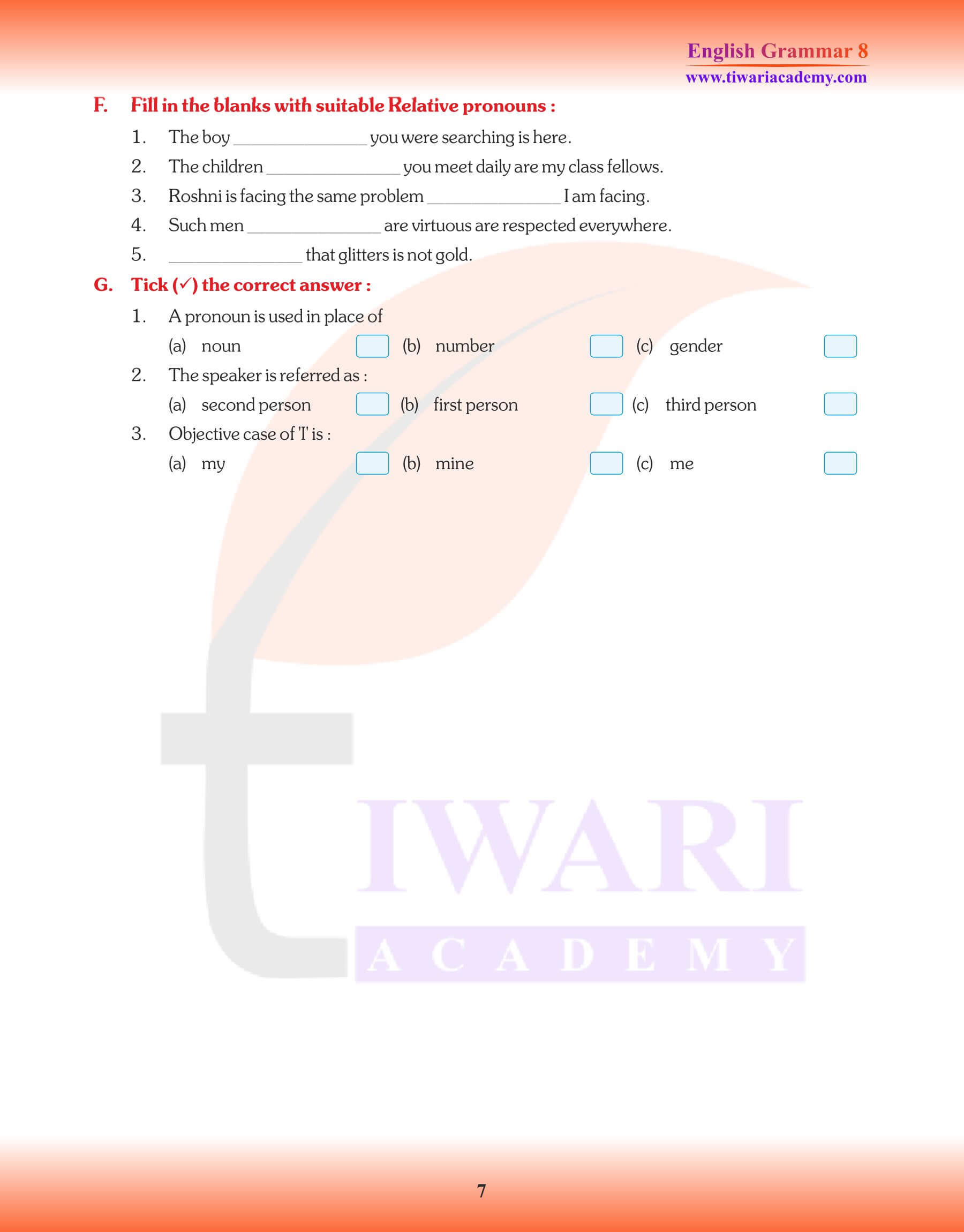 Class 8 English Grammar: Pronoun worksheets