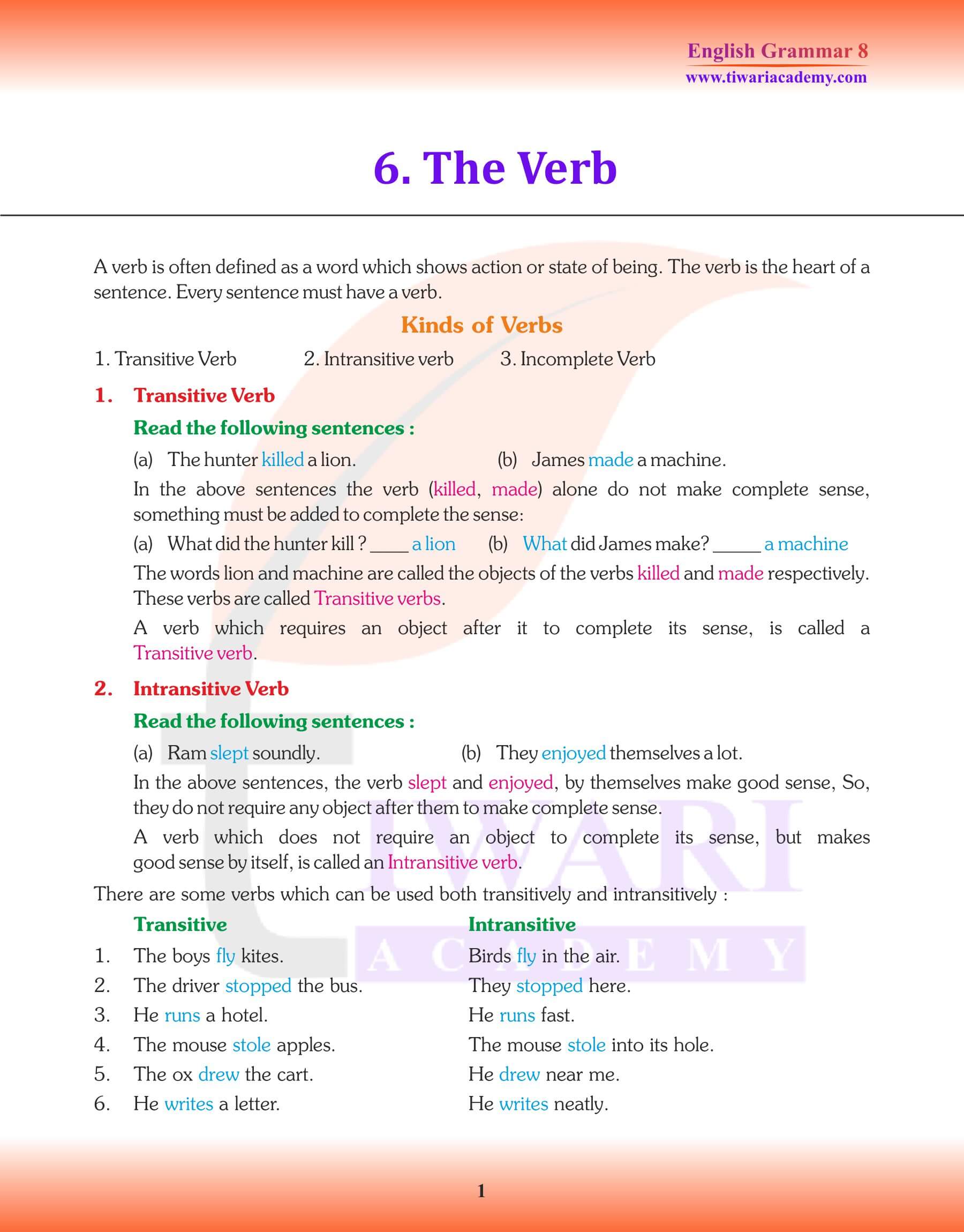 Class 8 English Grammar Chapter 6 The Verb Study Material