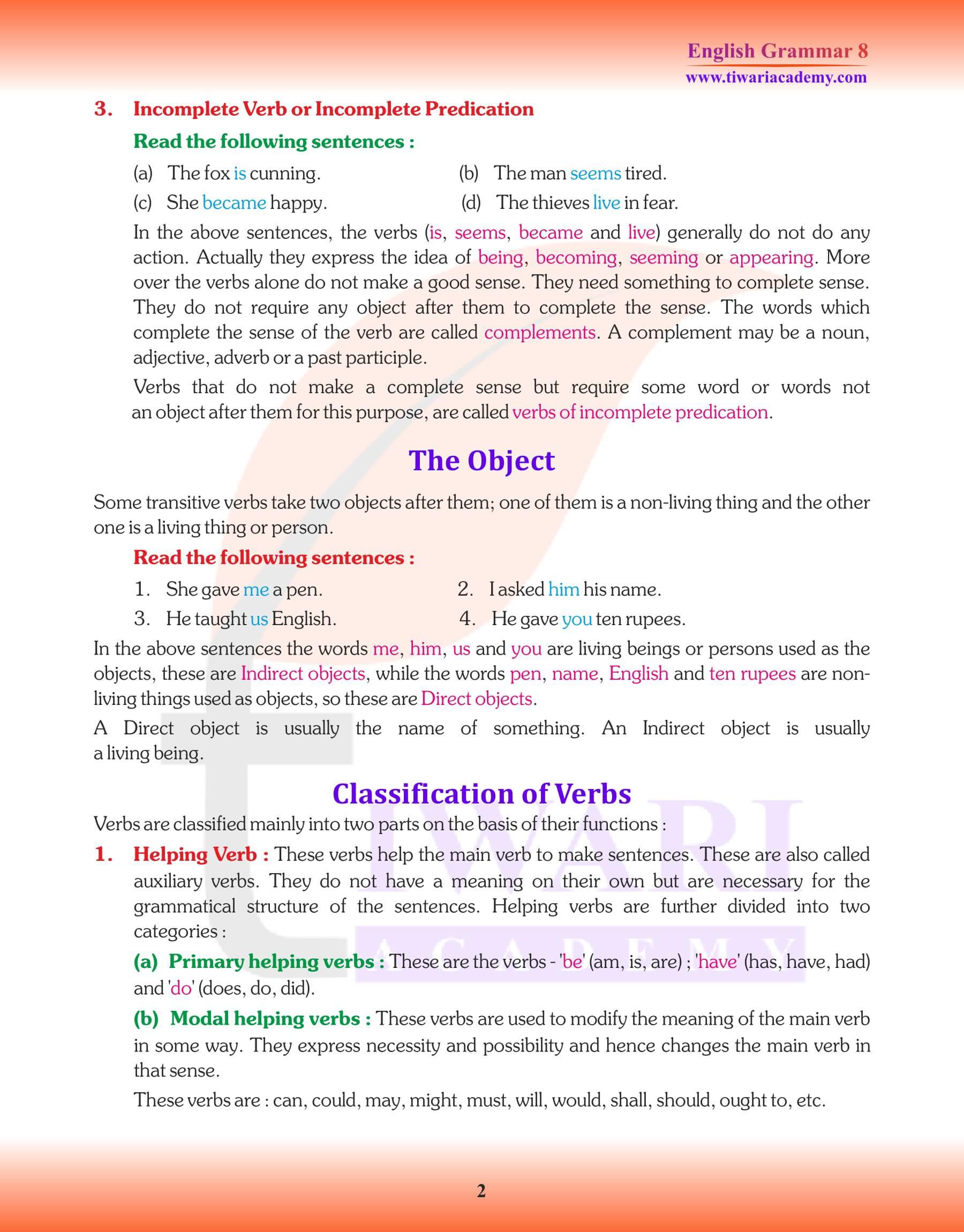 Class 8 English Grammar Chapter 6 The Verb Revision book