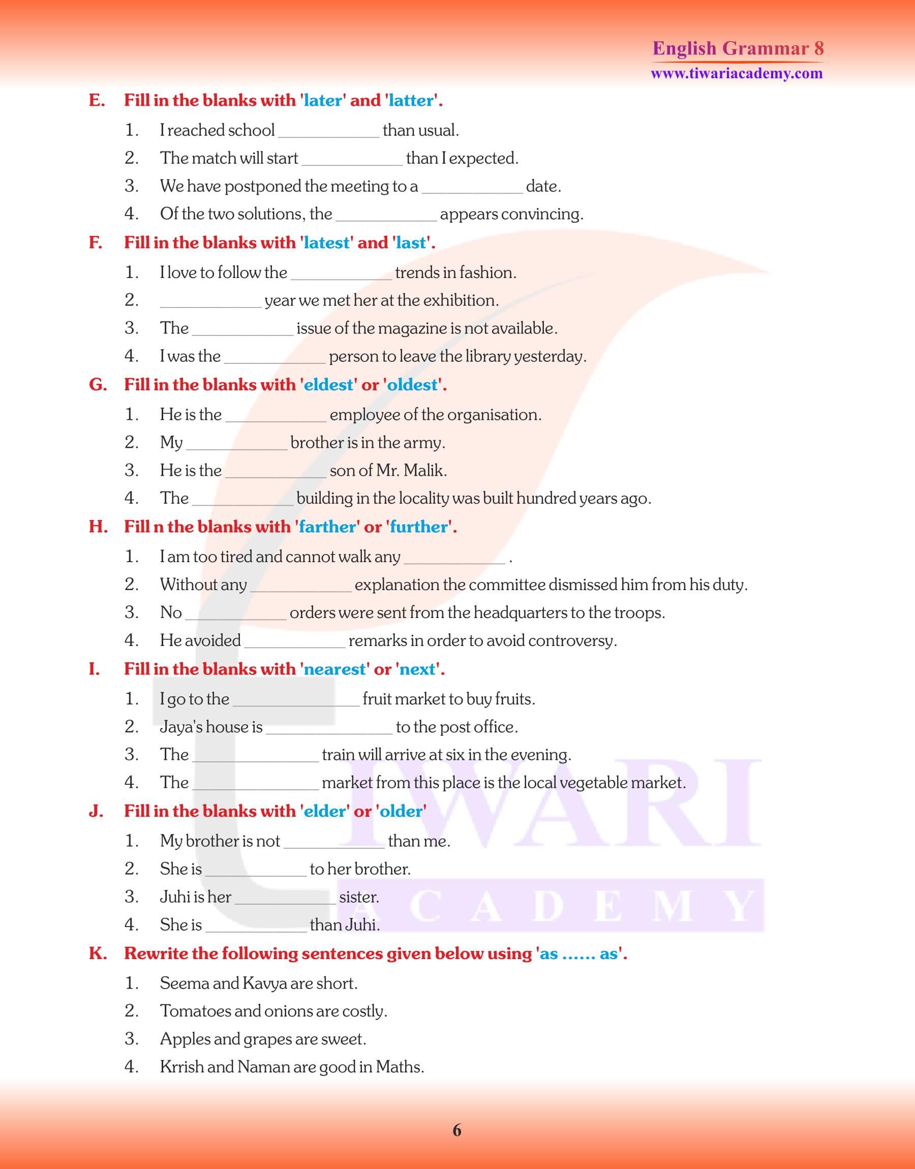 Class 8 English Grammar Adjective worksheets