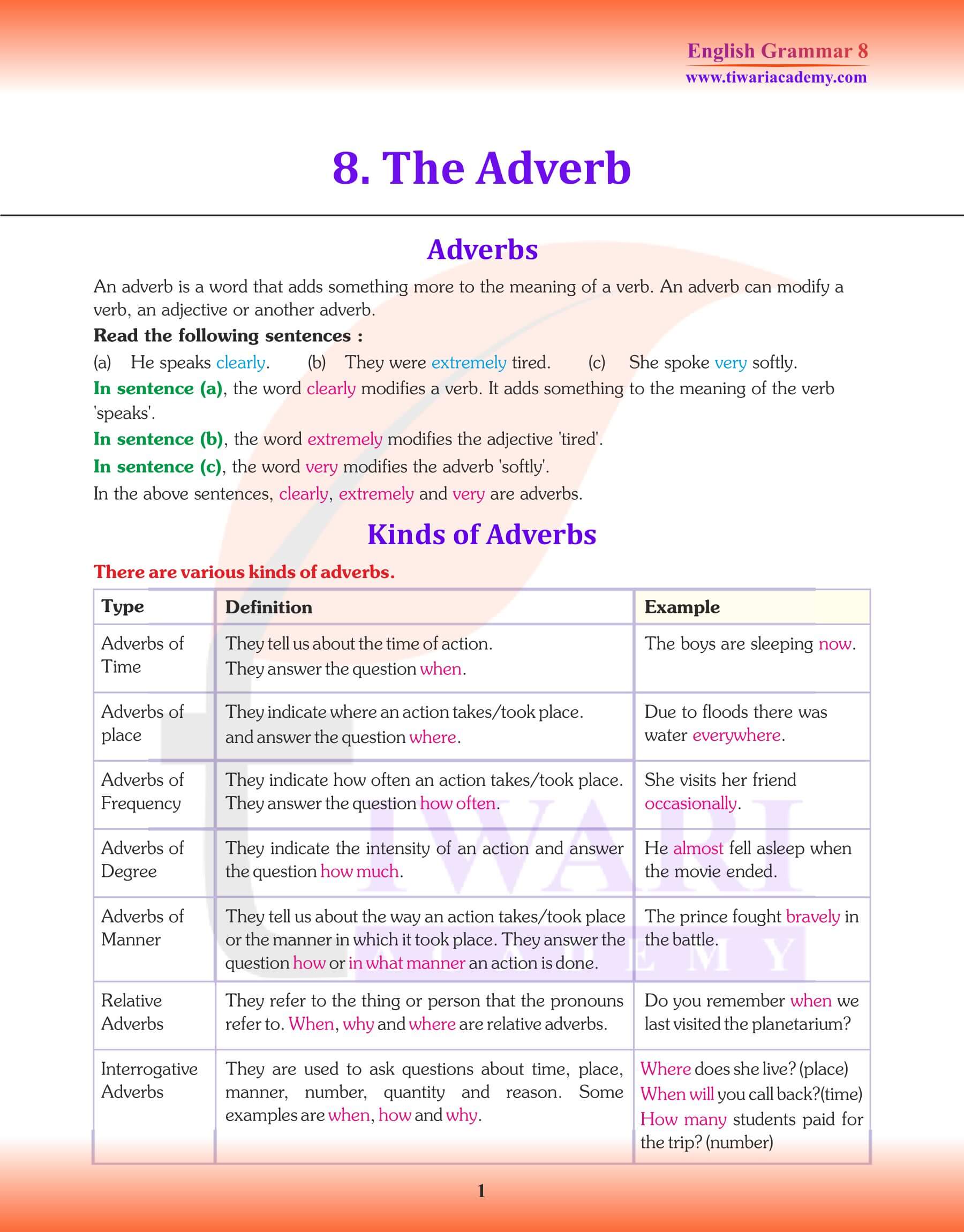 Class 8 English Grammar Adverb Revision Book