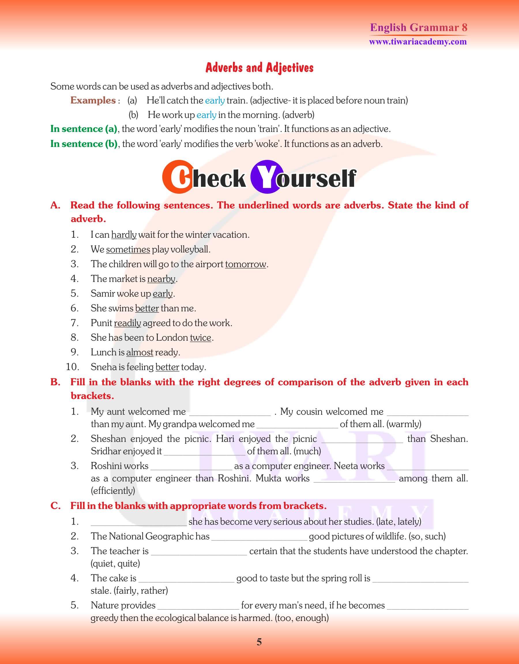 Class 8 English Grammar Adverb Question Answers