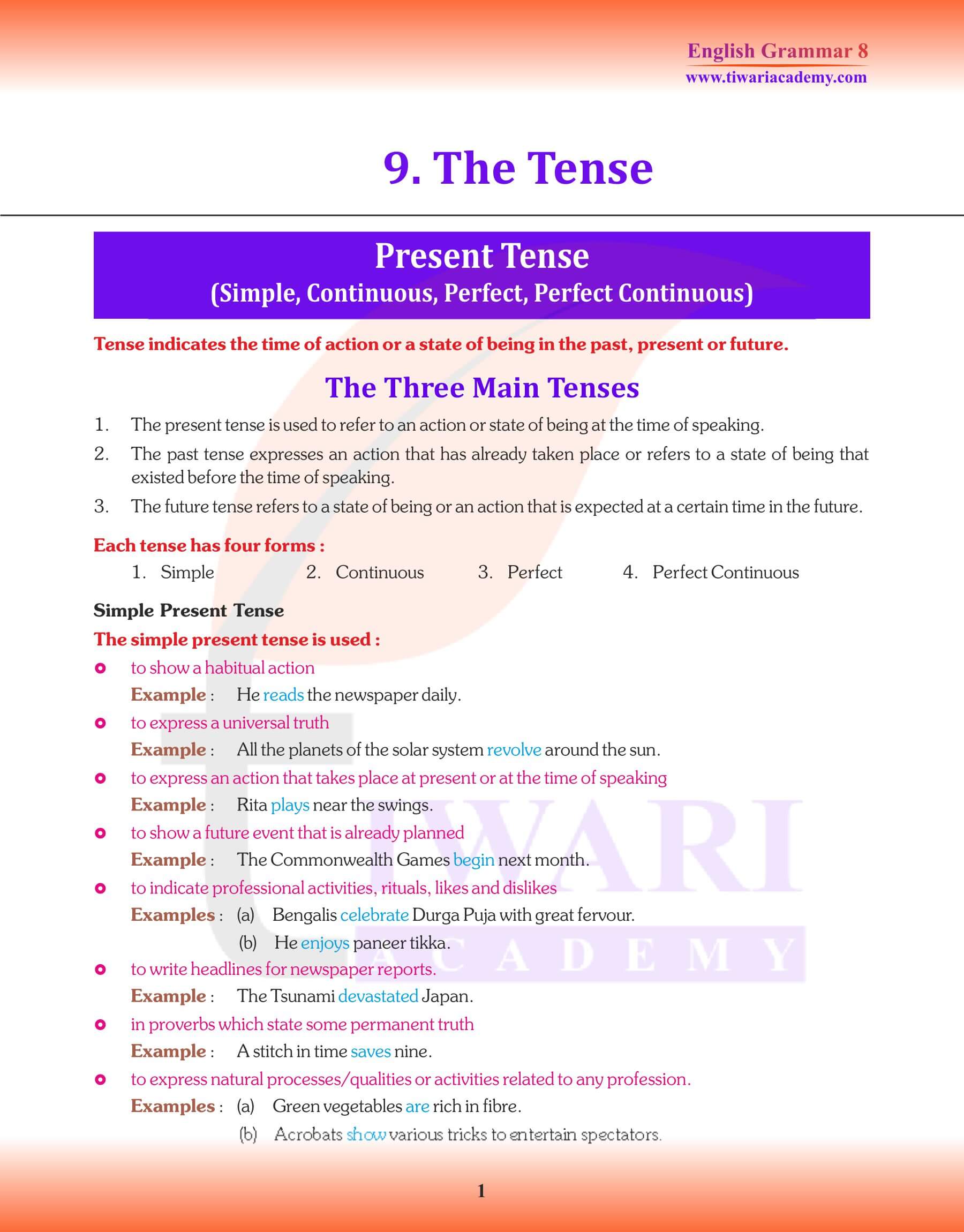 Class 8 English Grammar Chapter 9 The Tense Revision book