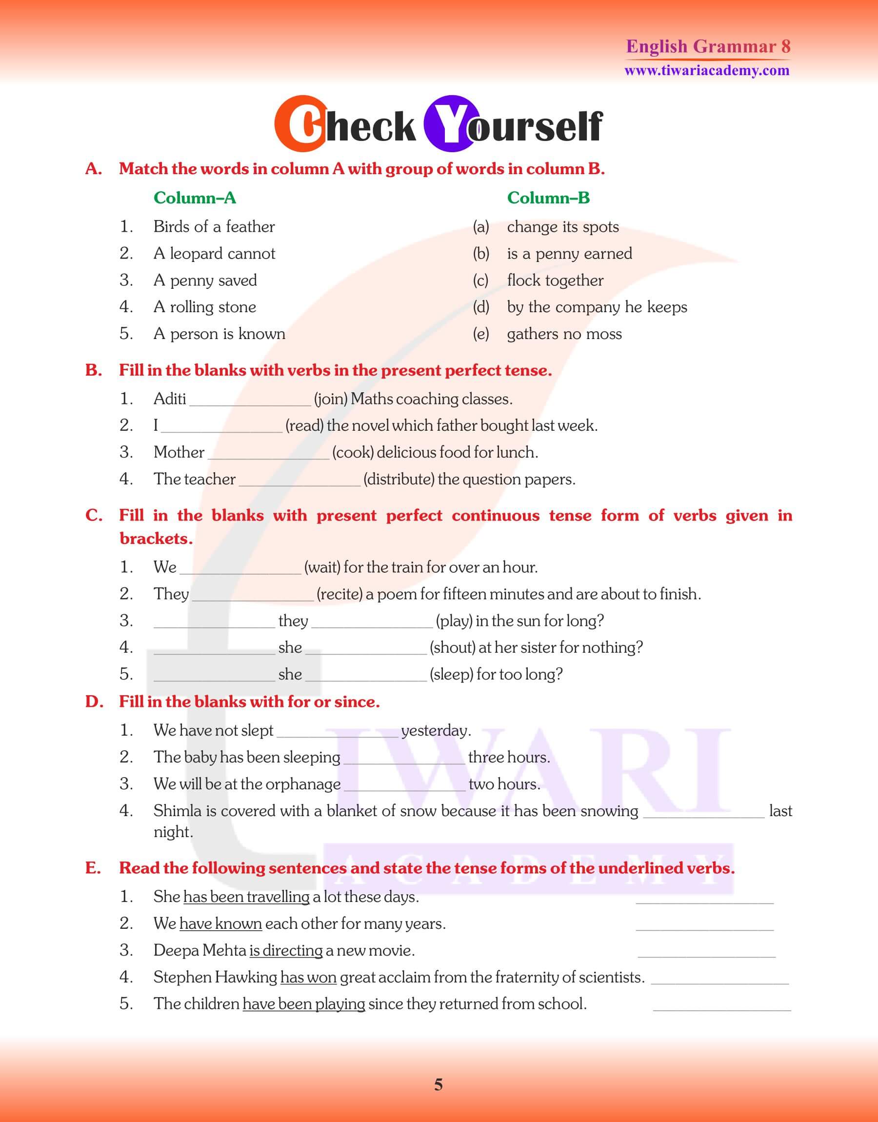 Class 8 English Grammar Tense Question Answers