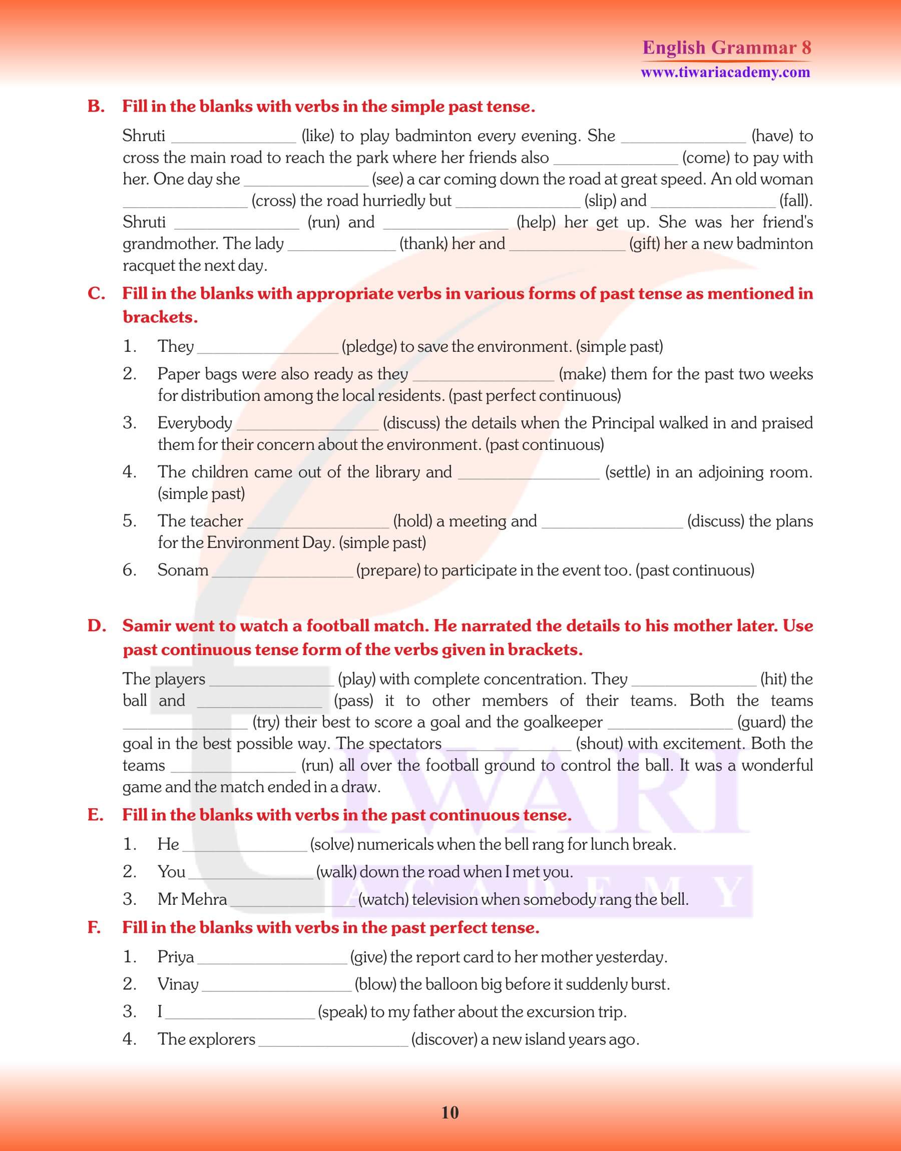 Class 8 English Grammar Past Tense assignment