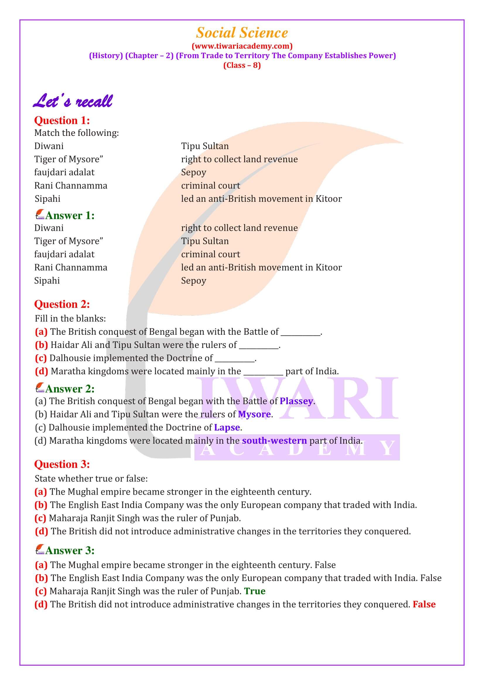 NCERT Solutions for Class 8 Social Science History Chapter 2 From Trade to Territory