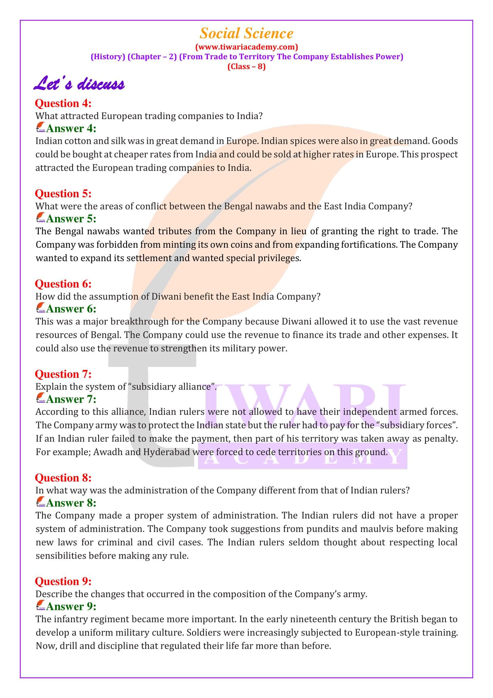 Class 8 Social Science History Chapter 2 From Trade to Territory