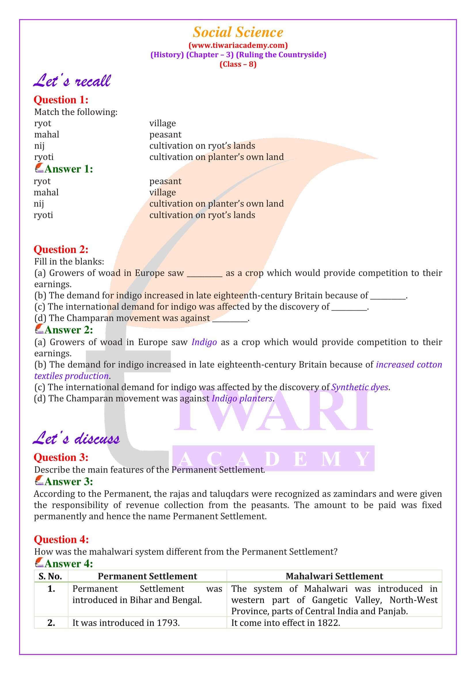 NCERT Solutions for Class 8 Social Science History Chapter 3 Ruling the Countryside