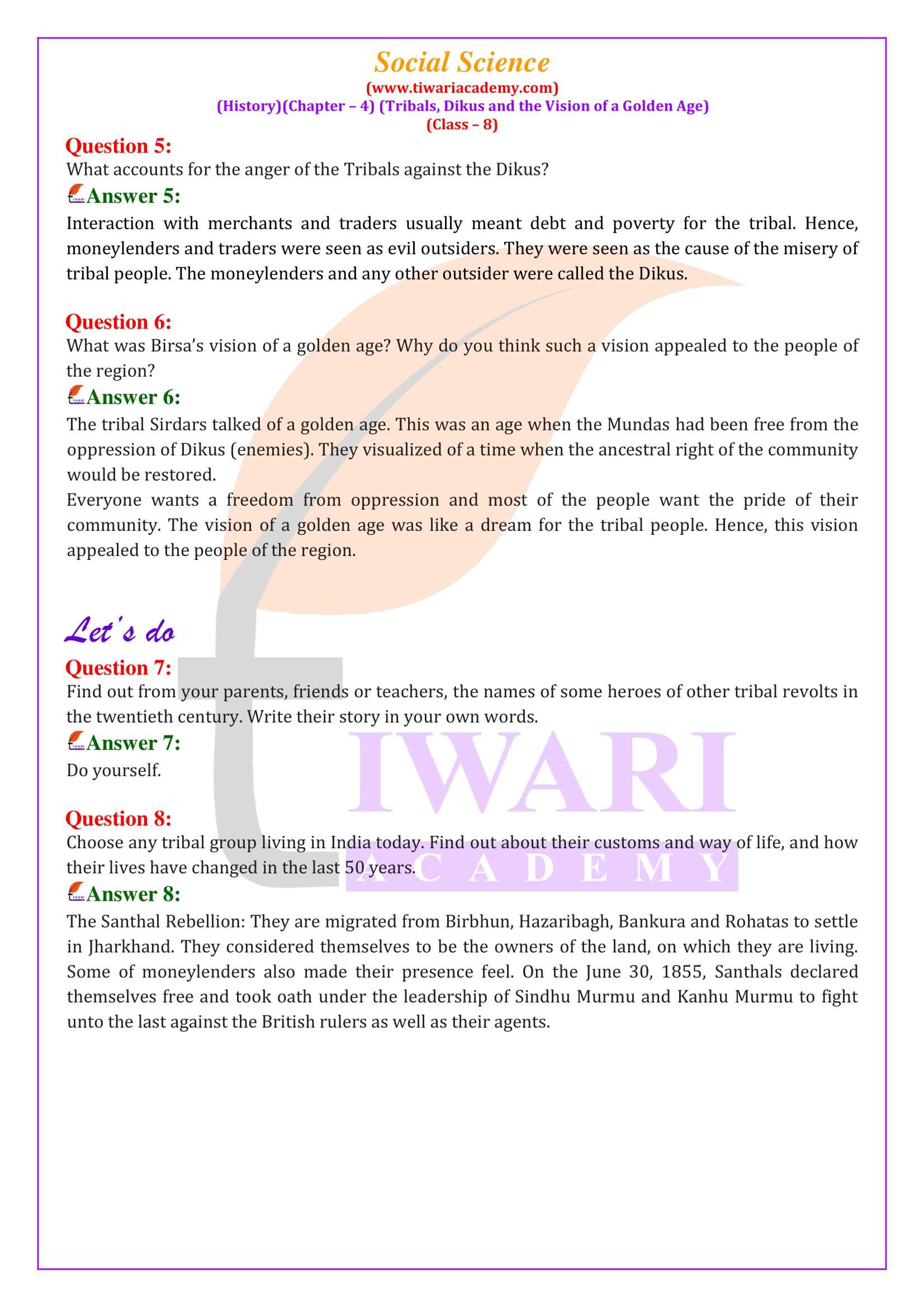 Class 8 Social Science History Chapter 4 Tribals, Dikus and the Vision of a Golden Age