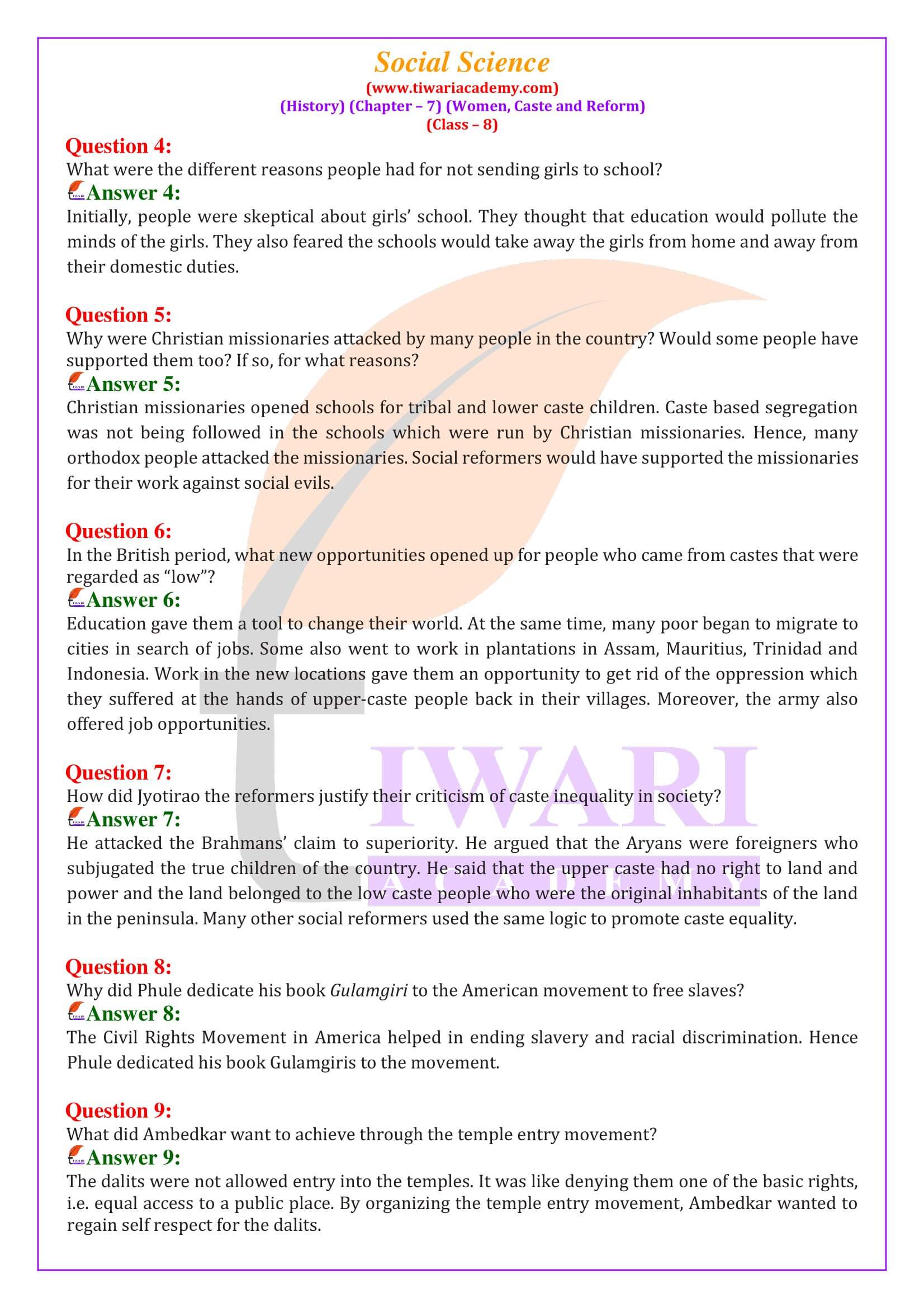 Class 8 Social Science History Chapter 7 Women, Caste and Reform