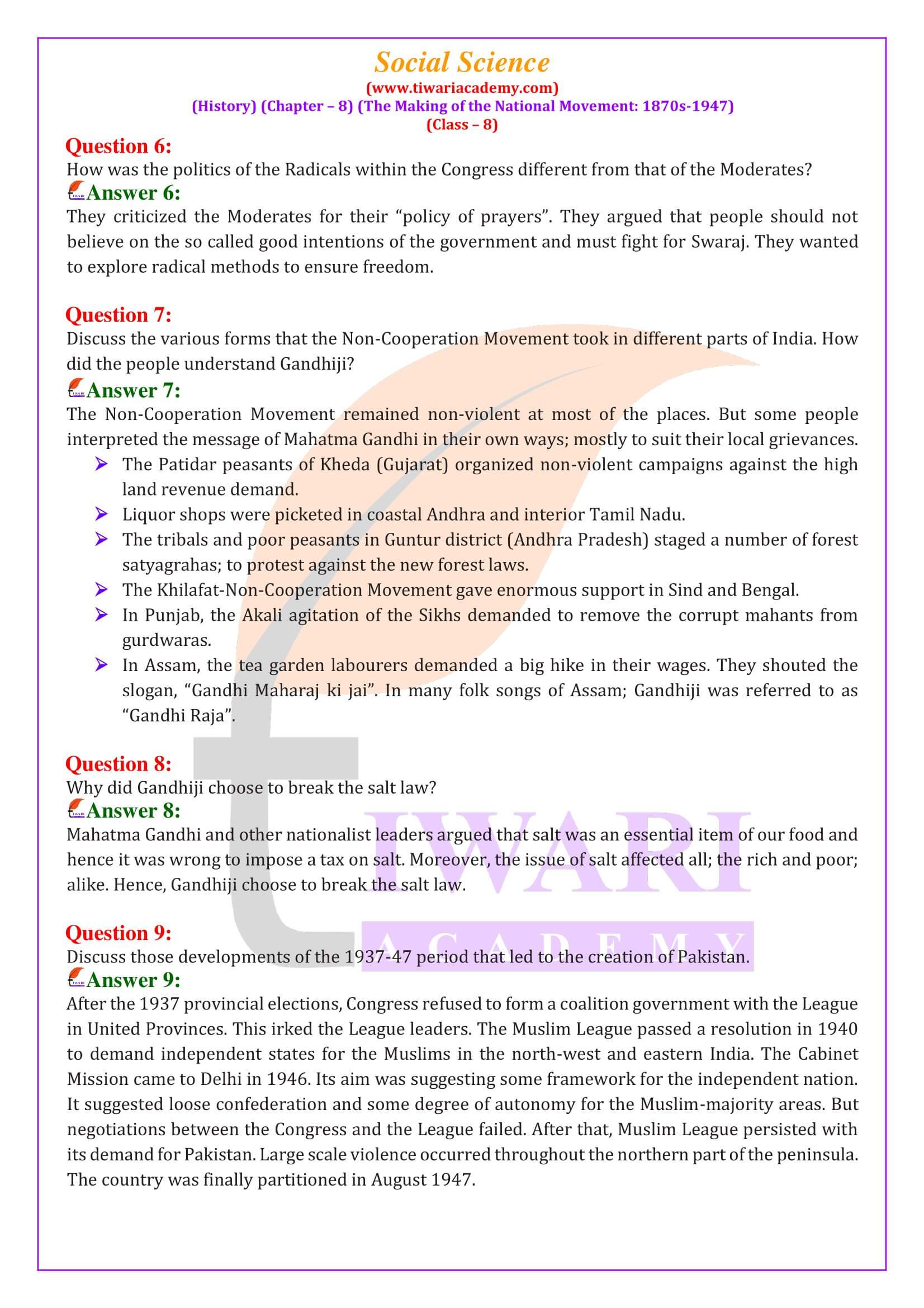 Class 8 Social Science History Chapter 8 The Making of the National Movement