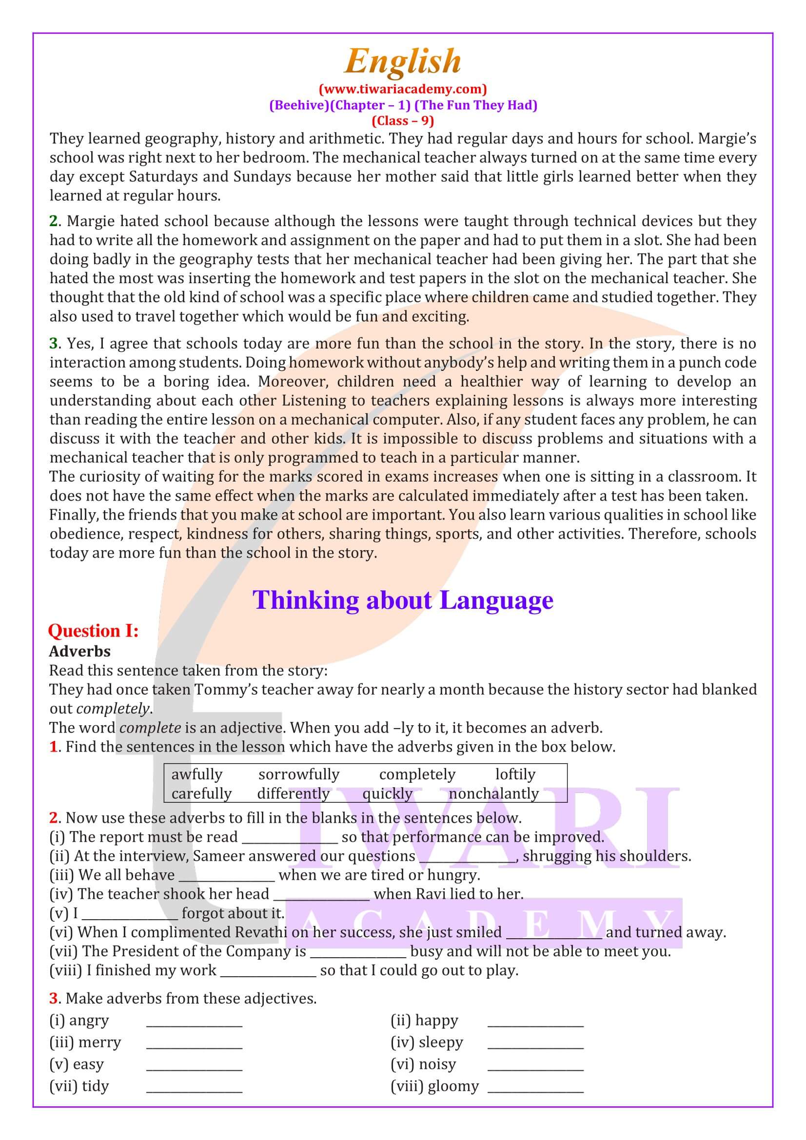 Class 9 English Beehive Chapter 1 Question Answers