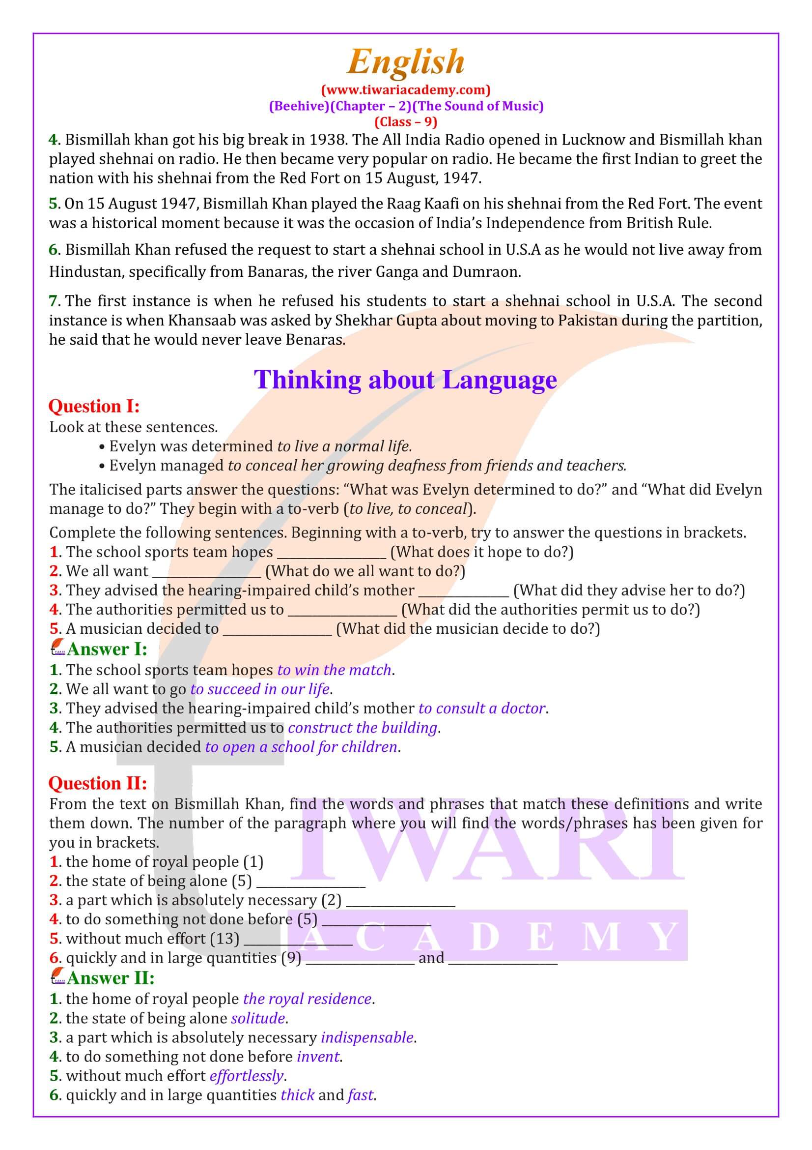 NCERT Solutions Class 9 English Beehive Chapter 2 The Sound of Music