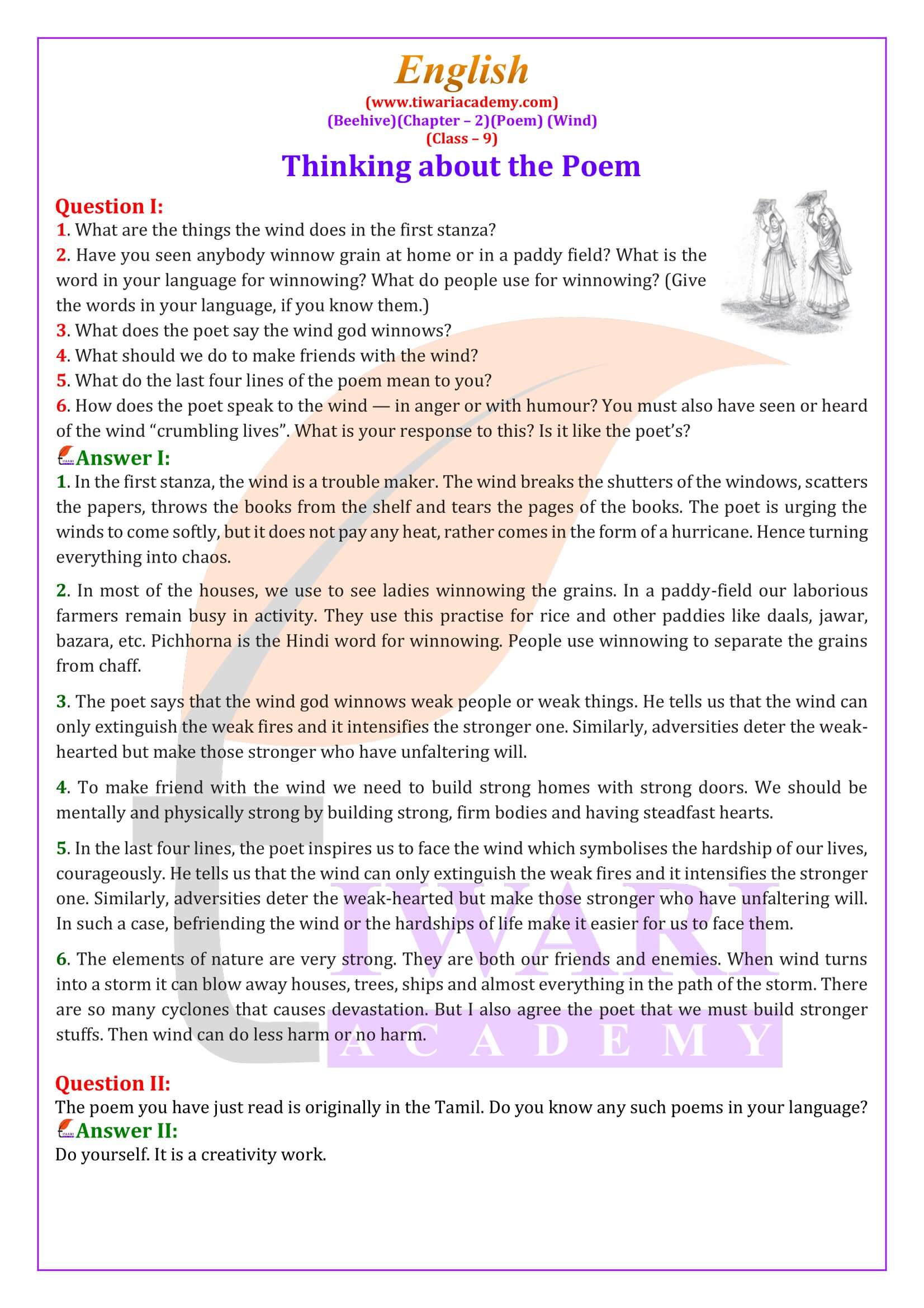 Class 9 English Beehive Chapter 2 Poem Wind