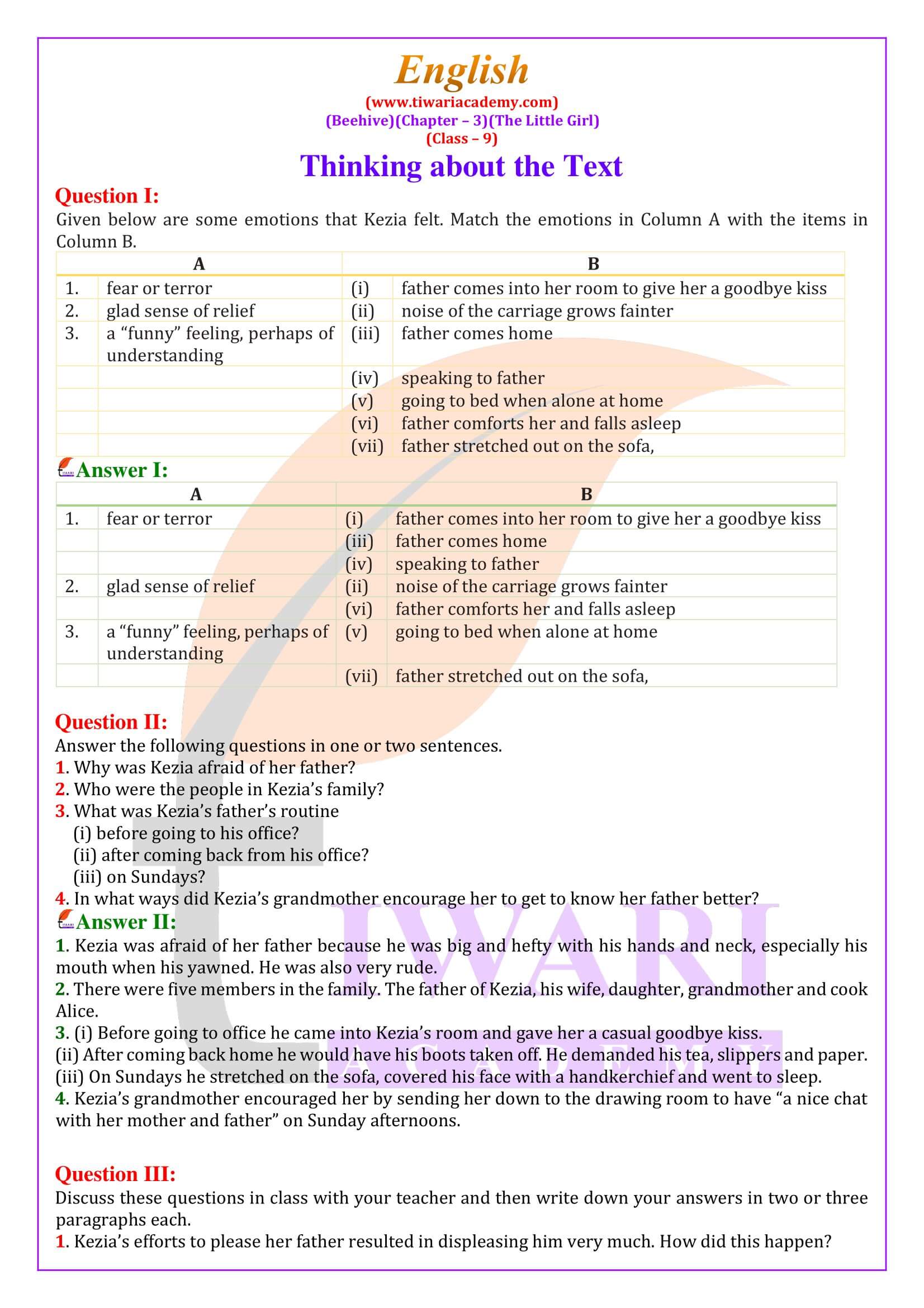 Class 9 English Beehive Chapter 3 The Little Girl