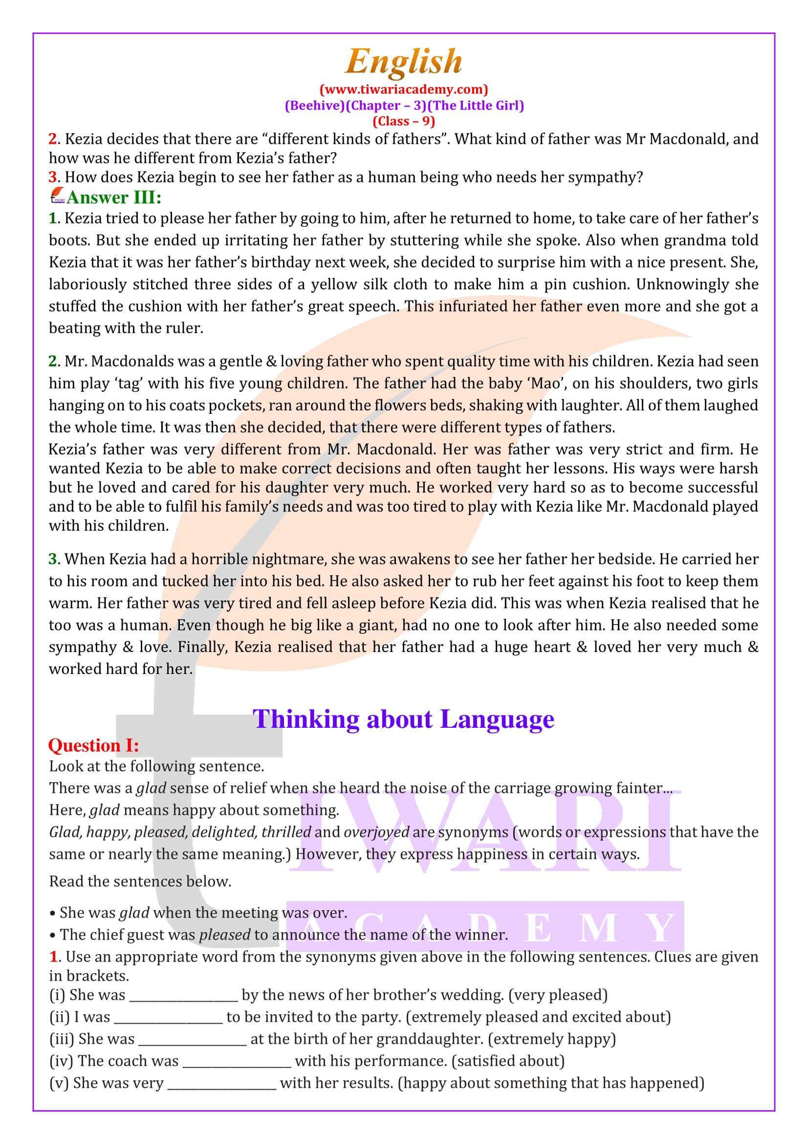 Class 9 English Beehive Chapter 3 The Little Girl Question Answers
