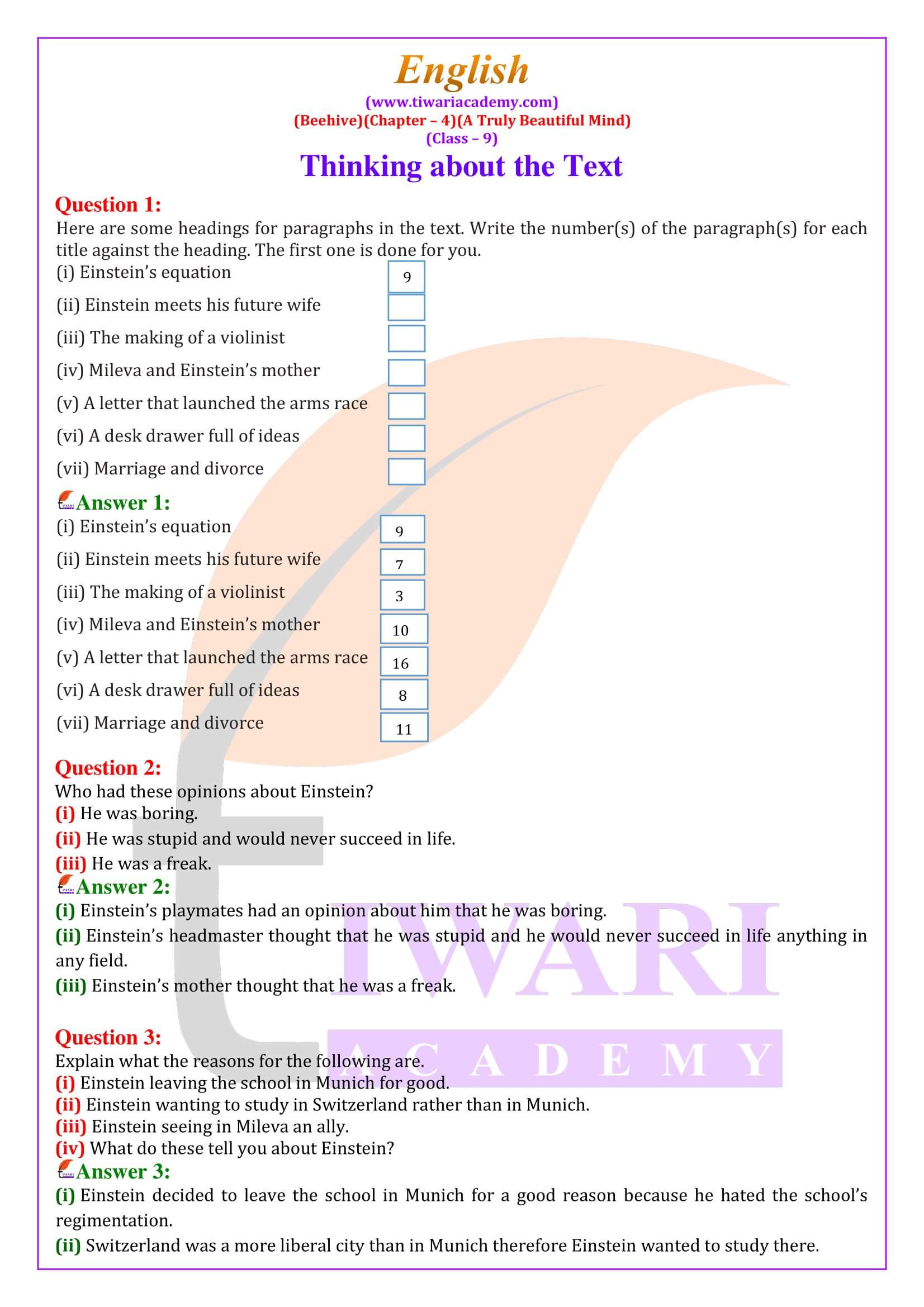 Class 9 English Beehive Chapter 4 A Truly Beautiful Mind