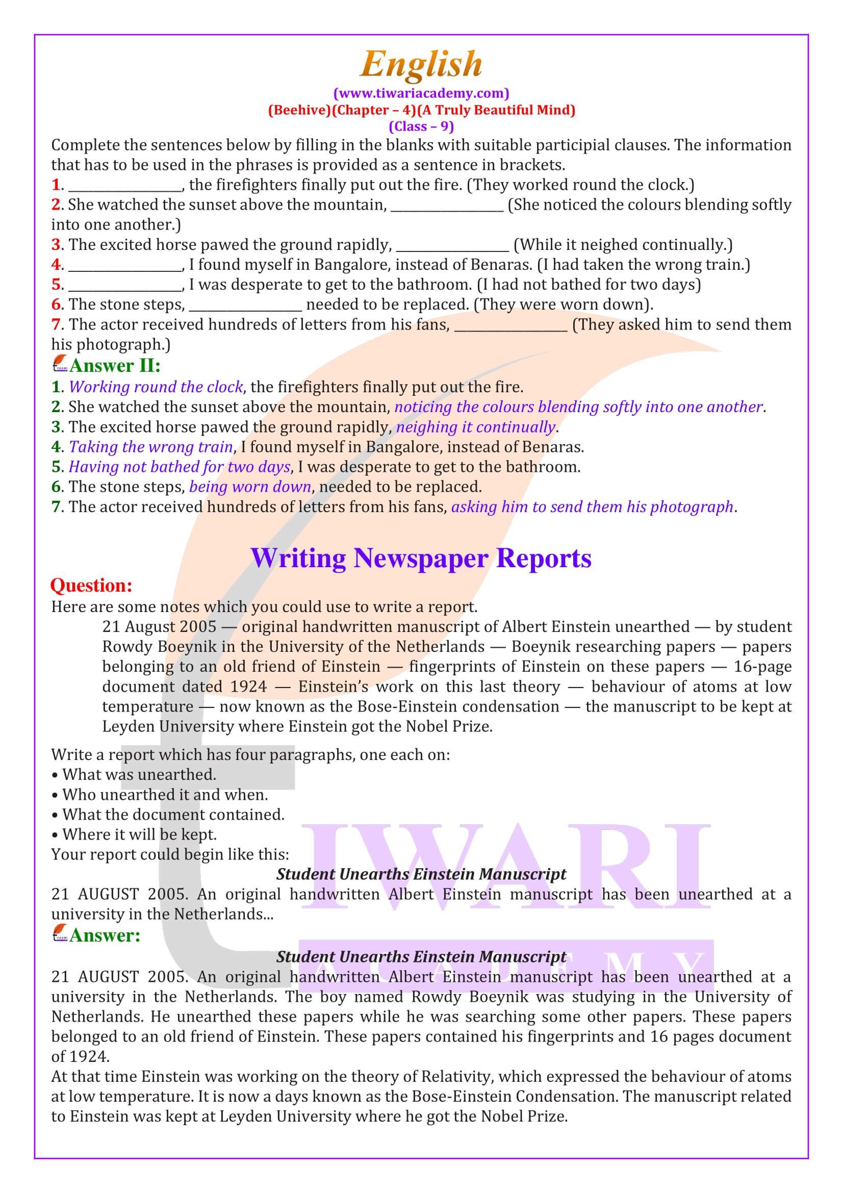 Class 9 English Beehive Chapter 4 Question answers