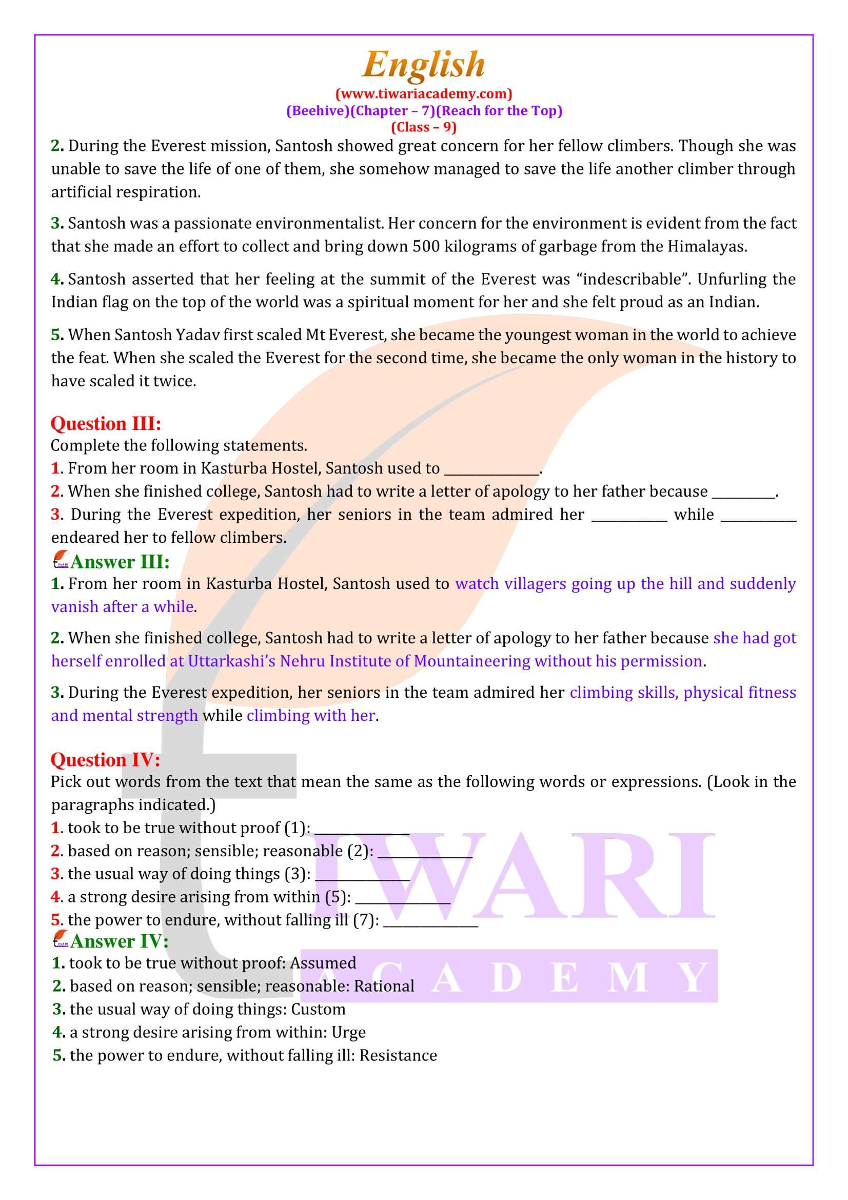 NCERT Solutions for Class 9 English Beehive Chapter 7 Reach for the Top