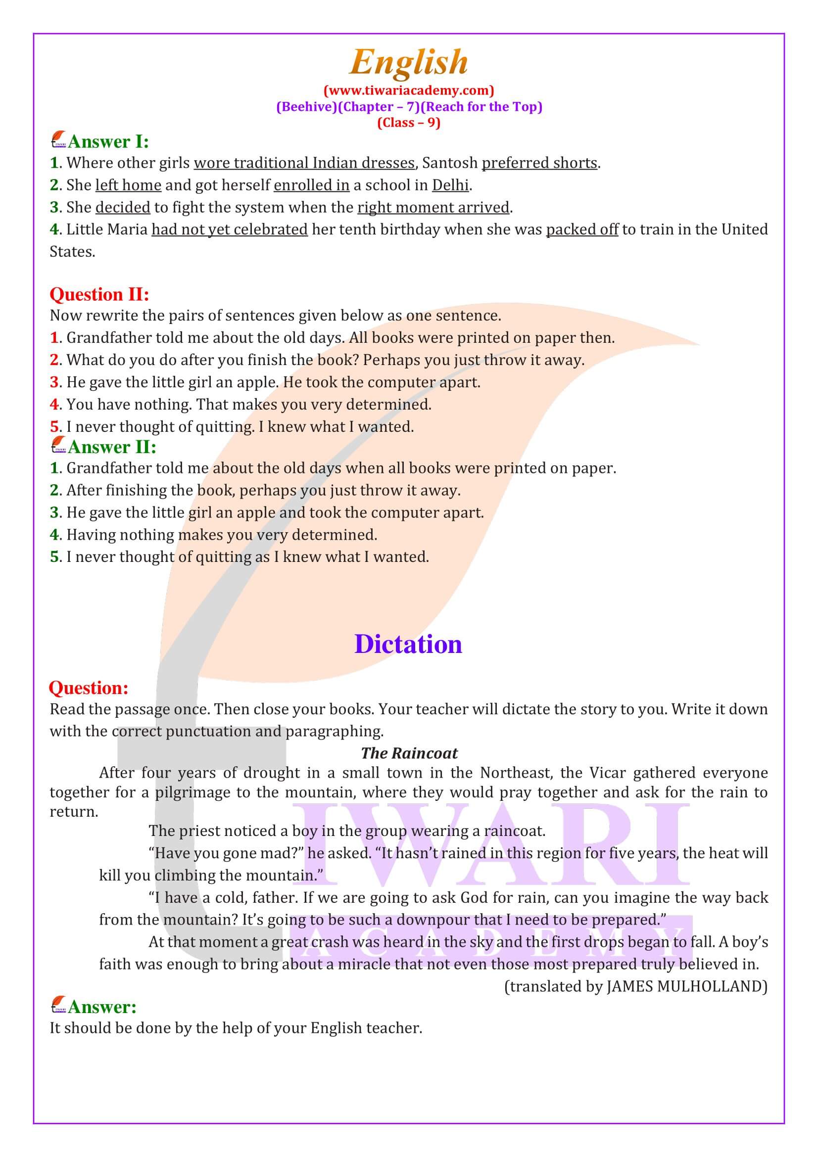 Class 9 English Beehive Chapter 7 Question Answers