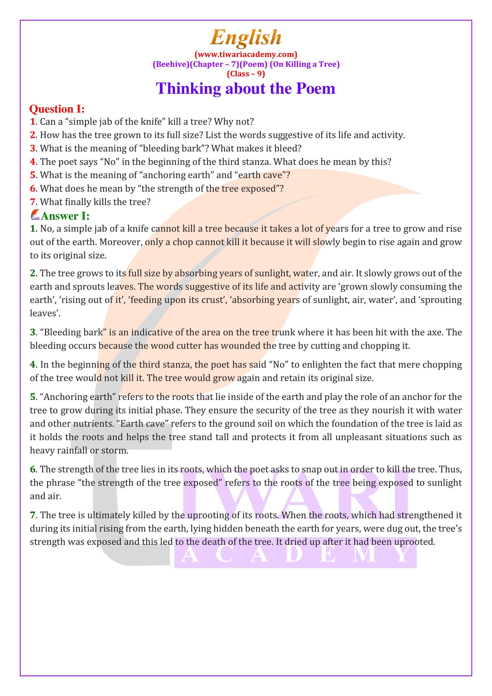 Class 9 English Beehive Chapter 7 Poem On Killing a Tree