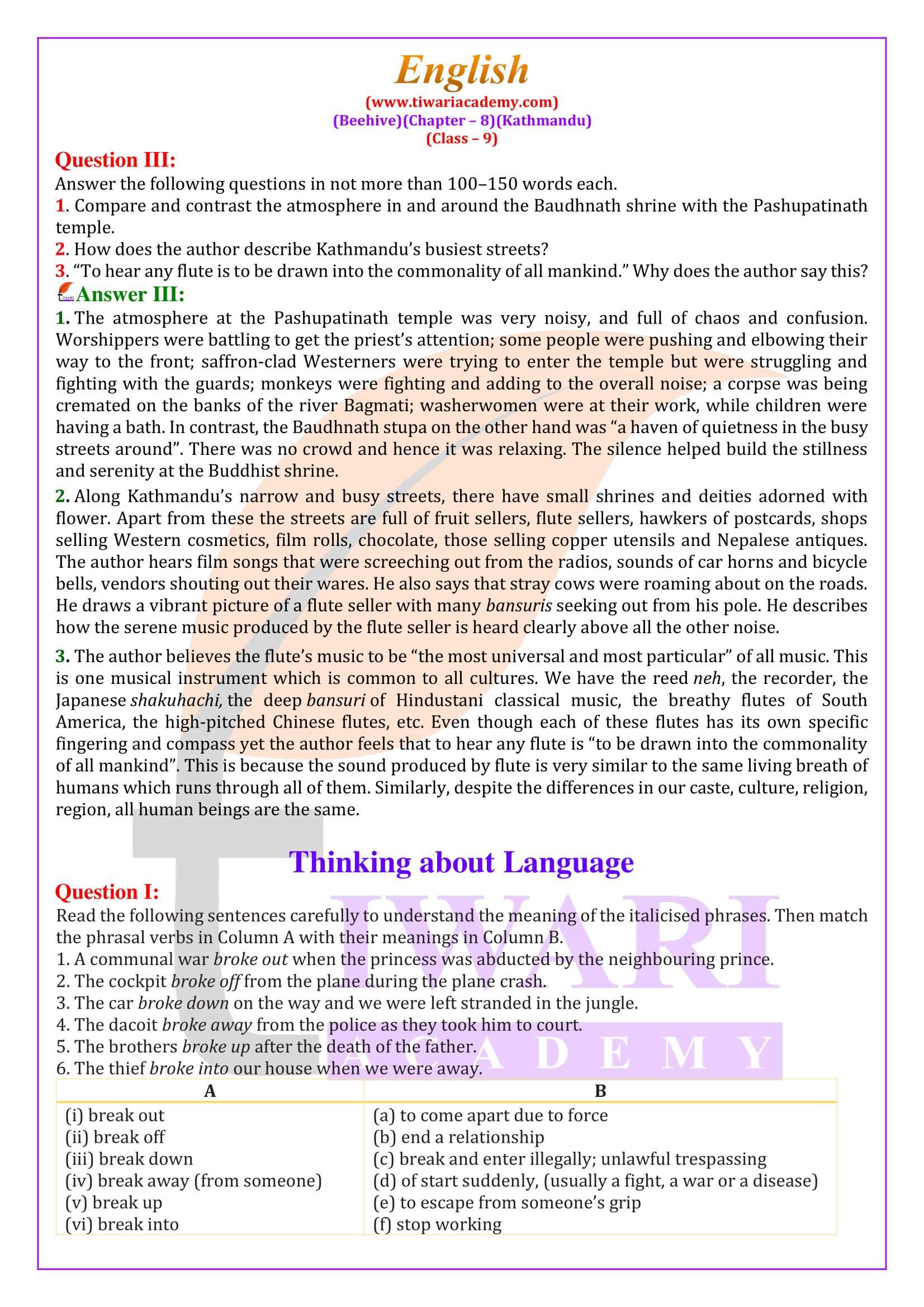 NCERT Solution Class 9 English Beehive Chapter 8 Kathmandu