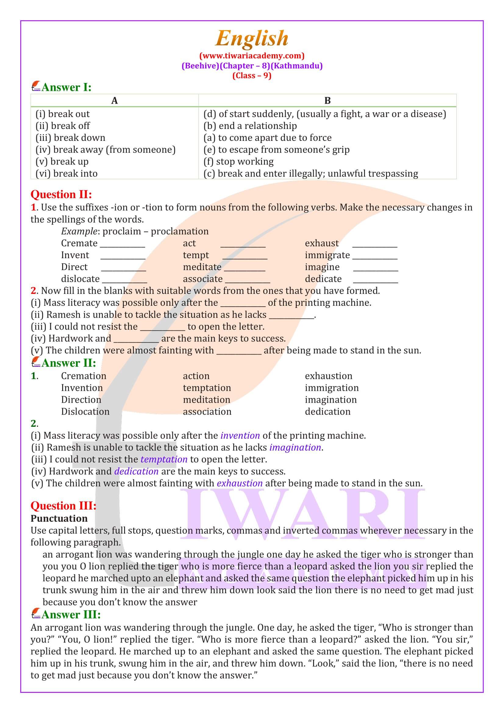 Class 9 English Beehive Chapter 8 Kathmandu Answers